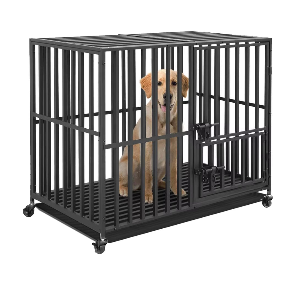 37” 42” 46” Heavy Duty Dog Cage Metal Pet Dog Crate 3 Doors Locks Design Kennel Playpen with 4 Wheels Removable Tray