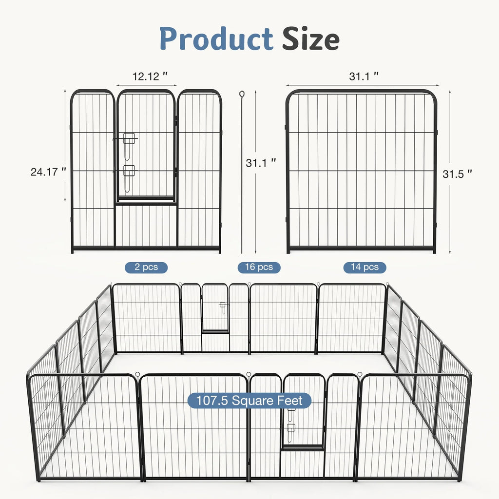 Dog Playpen, 16 Panels 32" Foldable Heavy Duty Metal Puppy Exercise Pen with Doors Indoor Outdoor