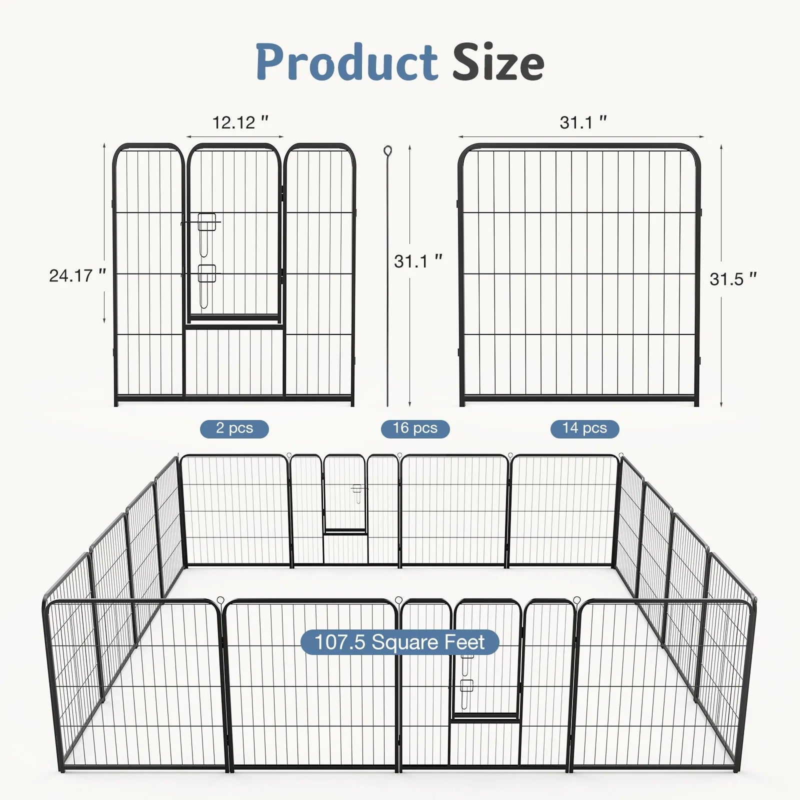 Dog Playpen, 16 Panels 32" Foldable Heavy Duty Metal Puppy Exercise Pen with Doors Indoor Outdoor