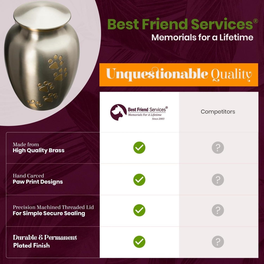 Pet Urn - Ottillie Paws Legacy Memorial Pet Cremation Urns for Dogs and Cats Ashes Hand Carved Brass Memory Keepsake Urn (Pewter, Vertical, Brass, Small)