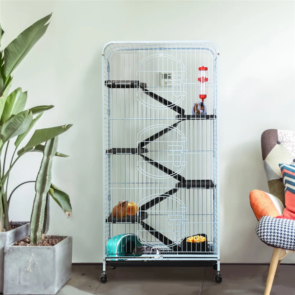 Large 6 Level Rolling Pet Cage with 3 Doors, Pet Bowl, and Water Bottle for Small Animals, White