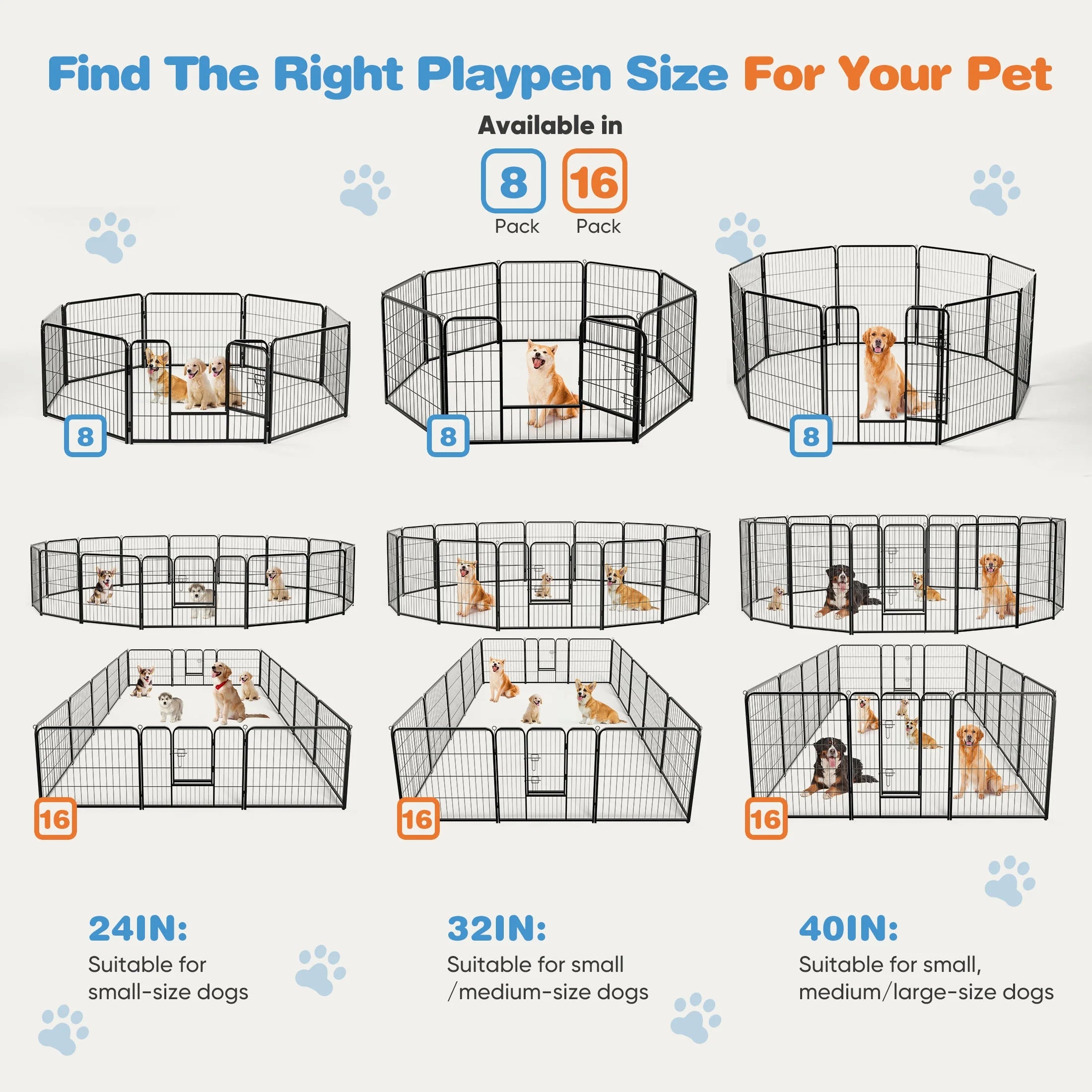 Dog Playpen, 16 Panels 32" Foldable Heavy Duty Metal Puppy Exercise Pen with Doors Indoor Outdoor