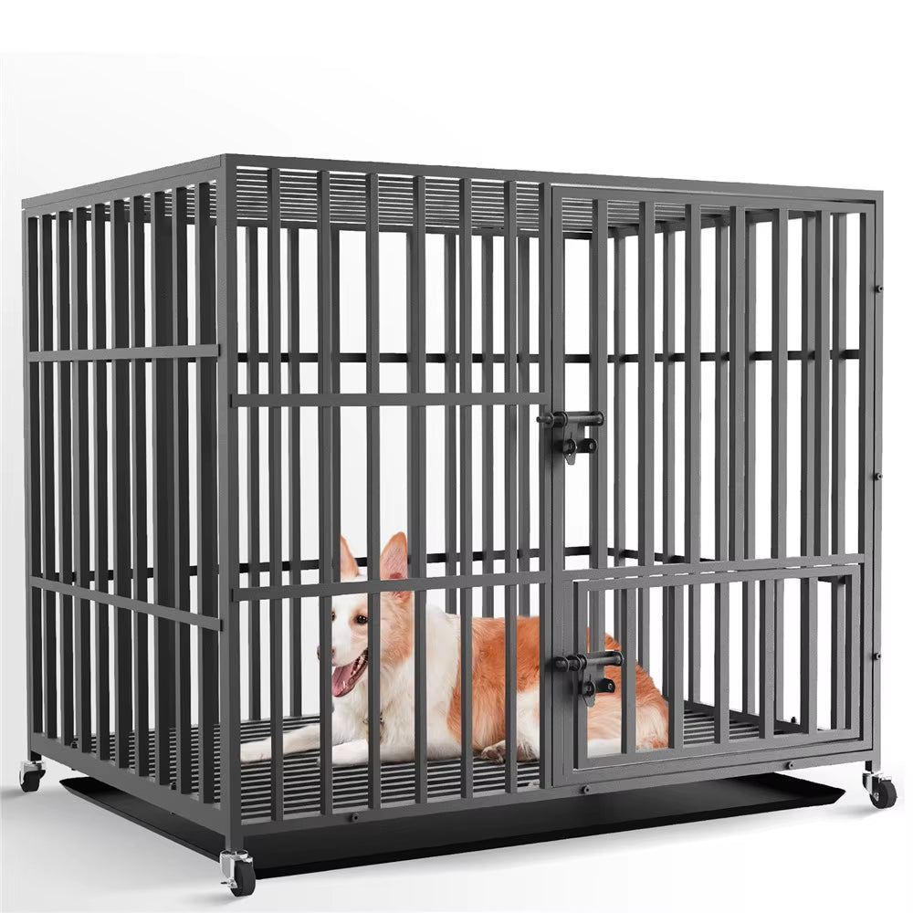 37” 42” 46” Heavy Duty Dog Cage Metal Pet Dog Crate 3 Doors Locks Design Kennel Playpen with 4 Wheels Removable Tray