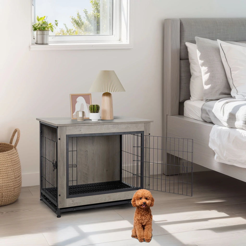 Wooden Dog Crate Furniture,Double-Doors Kennel Indoor with Divider and Removable Tray,End Table Dog Crate for Decoration 27.2"L X 20.1"W X 23.6"H，Grey