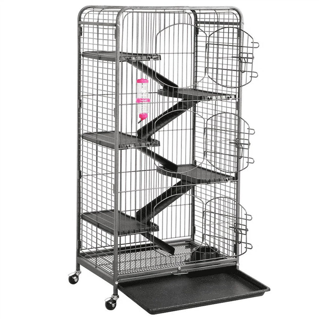 Large 6 Level Rolling Pet Cage with 3 Doors, Pet Bowl, and Water Bottle for Small Animals, Black