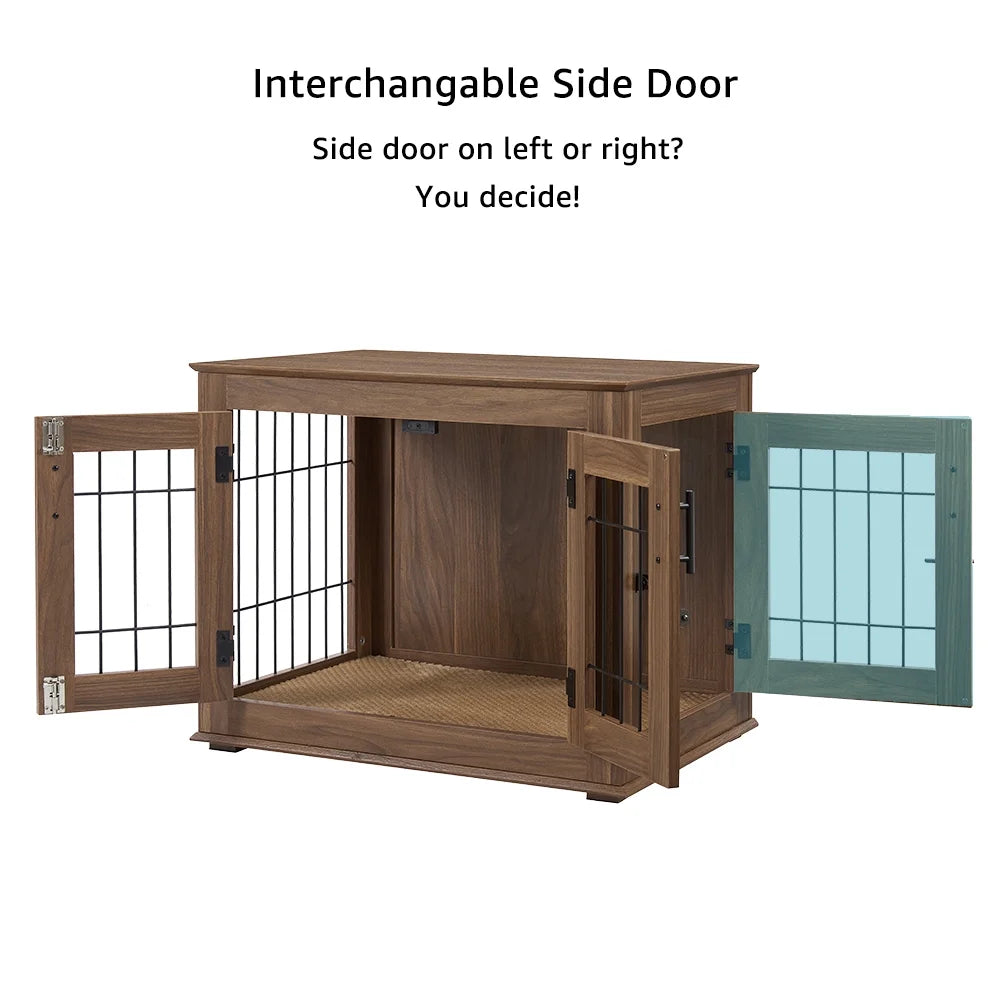 Dog Crate Furniture, Double Doors Wooden Wire Dog Kennel with Pet Bed, Small Dog Crate