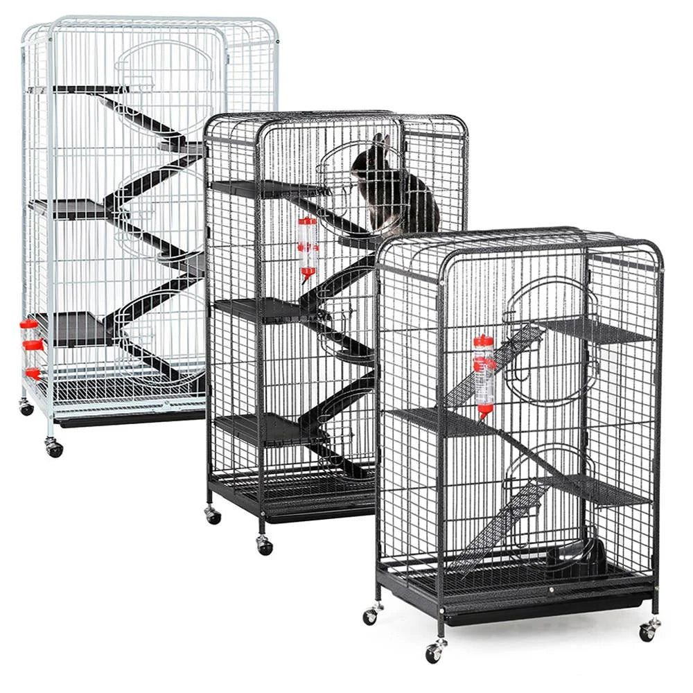 Large 6 Level Rolling Pet Cage with 3 Doors, Pet Bowl, and Water Bottle for Small Animals, White
