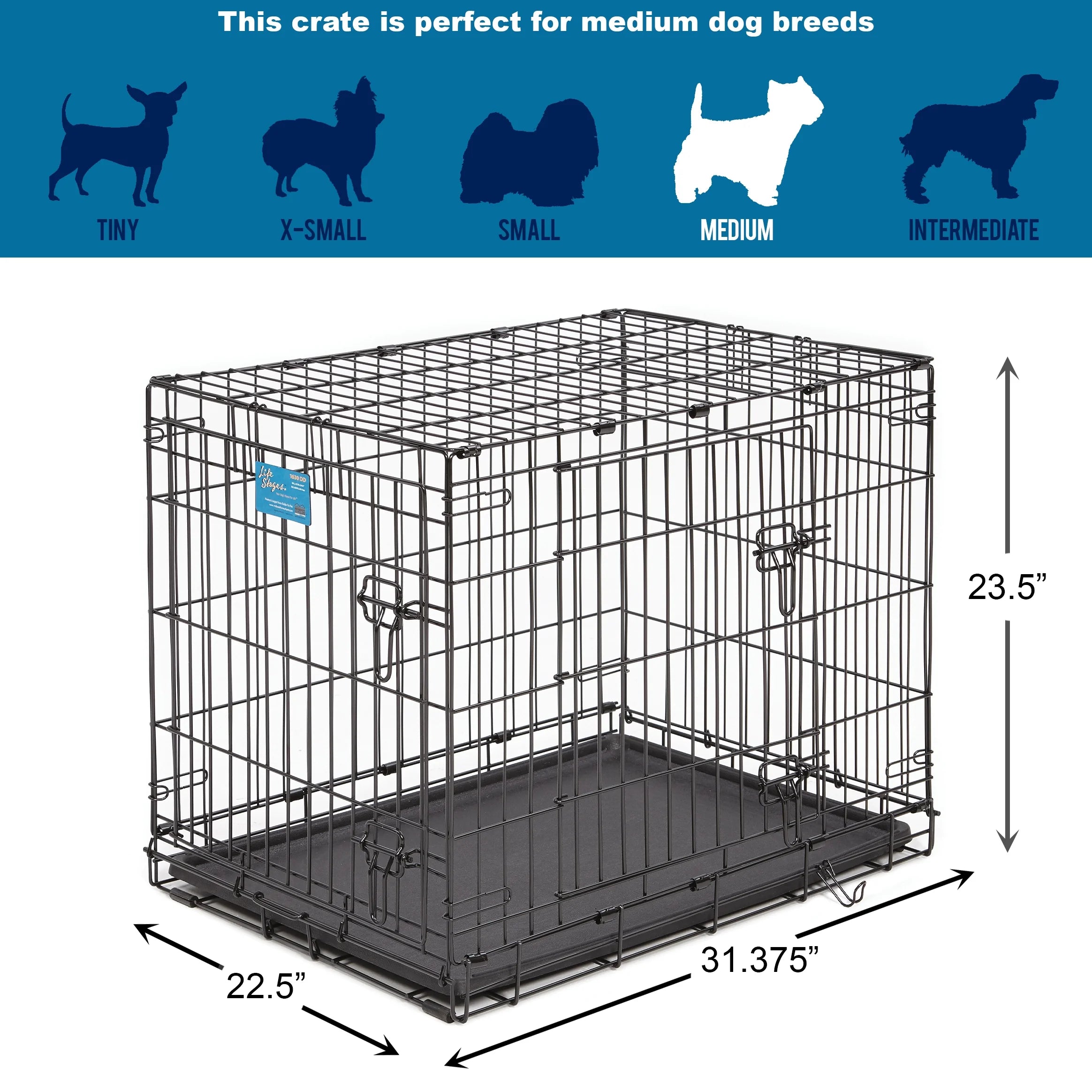 Medium Dog Crate Newly Enhanced Lifestages 30' Double Door Folding Metal Dog Crate with Divider Panel, Floor Protecting Feet & Dog Pan, 1630DD, 30.6L X 19.3W X 21.4H Inches
