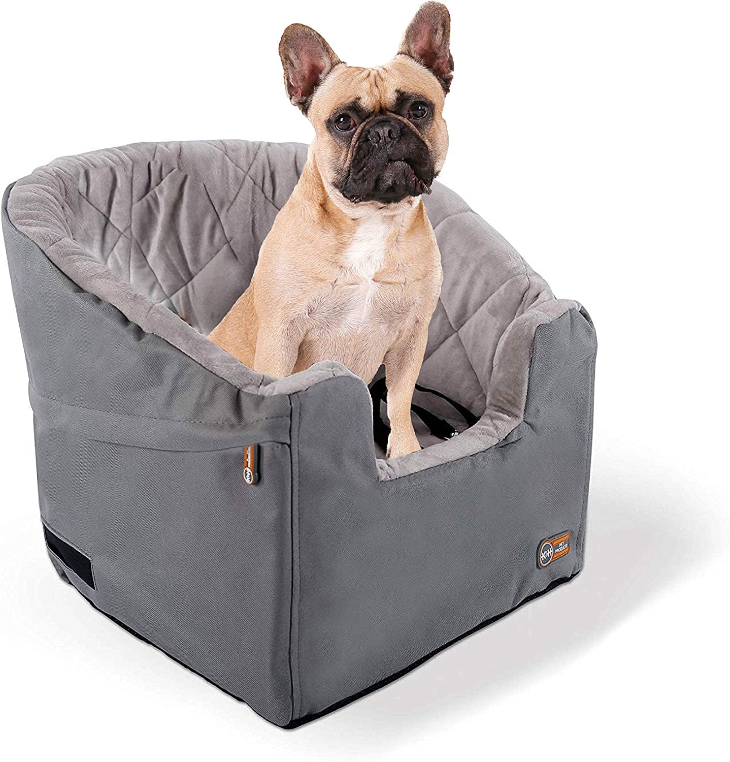 Bucket Booster Dog Car Seat, Washable Cat & Dog Car Seat, Sturdy Booster for Small to Medium Pets, 2 Safety Leashes, Small Gray/Gray