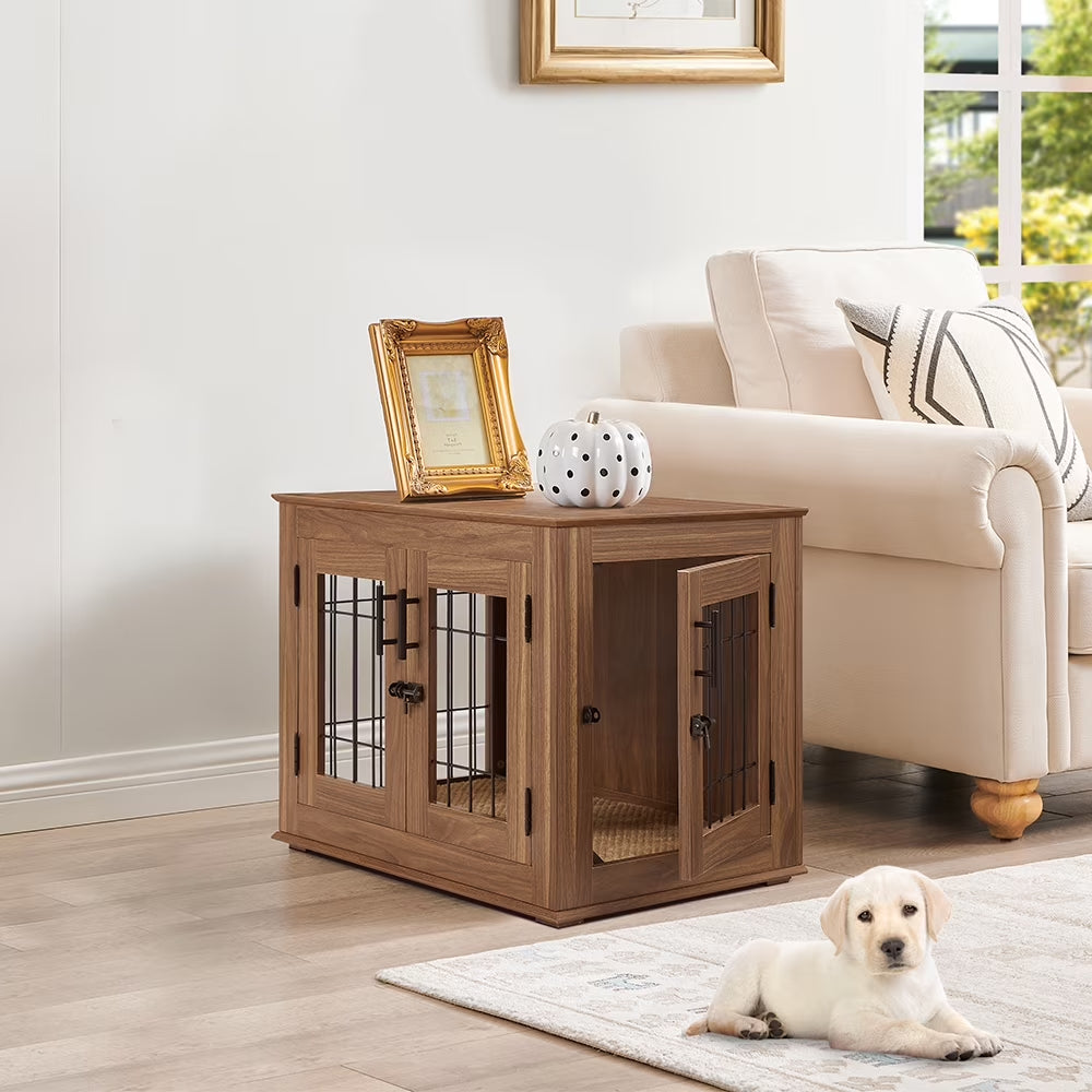 Dog Crate Furniture, Double Doors Wooden Wire Dog Kennel with Pet Bed, Small Dog Crate