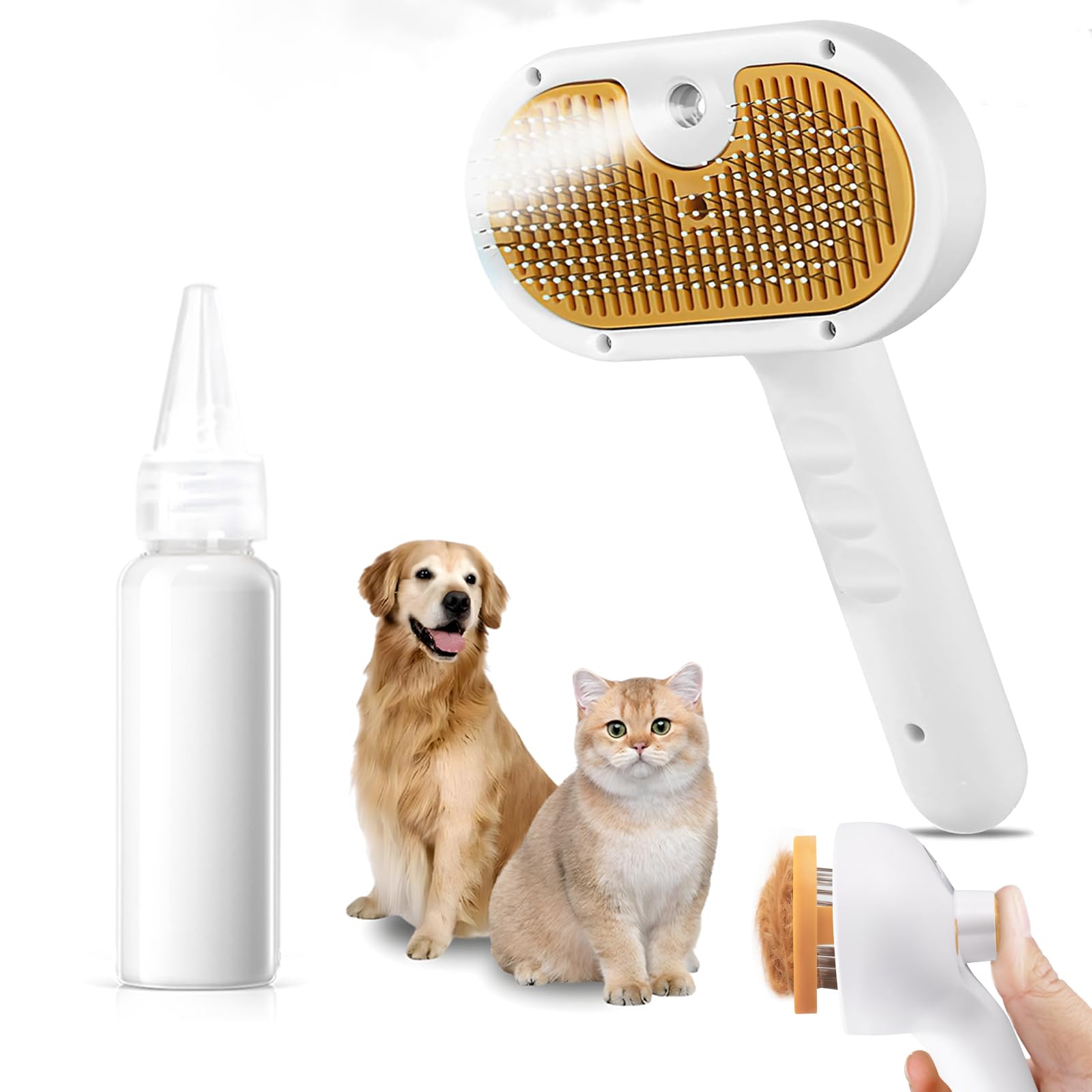 Pet Steam Brush for Dog & Cat–3-in-1 Spray Hair Removal Comb–Steam Brush for Shedding & Grooming–Water Brushes for Long & Short Haired Pets–Spritz Defur Comb–Includes Waterless Shampoo & Eye Wipes