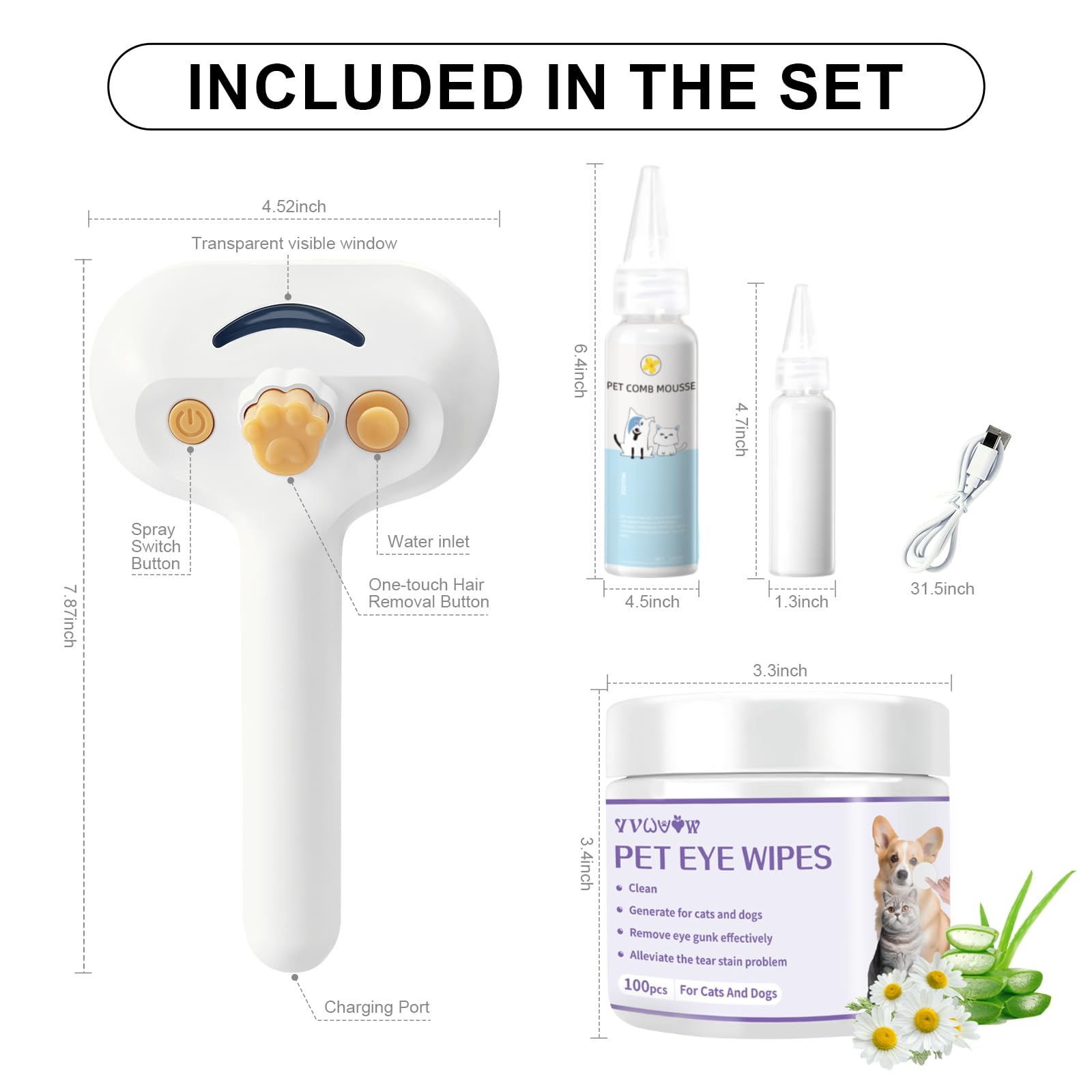 Pet Steam Brush for Dog & Cat–3-in-1 Spray Hair Removal Comb–Steam Brush for Shedding & Grooming–Water Brushes for Long & Short Haired Pets–Spritz Defur Comb–Includes Waterless Shampoo & Eye Wipes