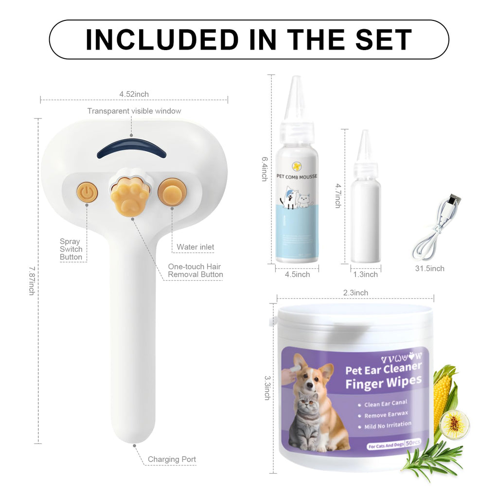 Pet Steam Brush for Dog & Cat–3-in-1 Spray Hair Removal Comb–Steam Brush for Shedding & Grooming–Water Brushes for Long & Short Haired Pets–Spritz Defur Comb–Includes Waterless Shampoo & Eye Wipes