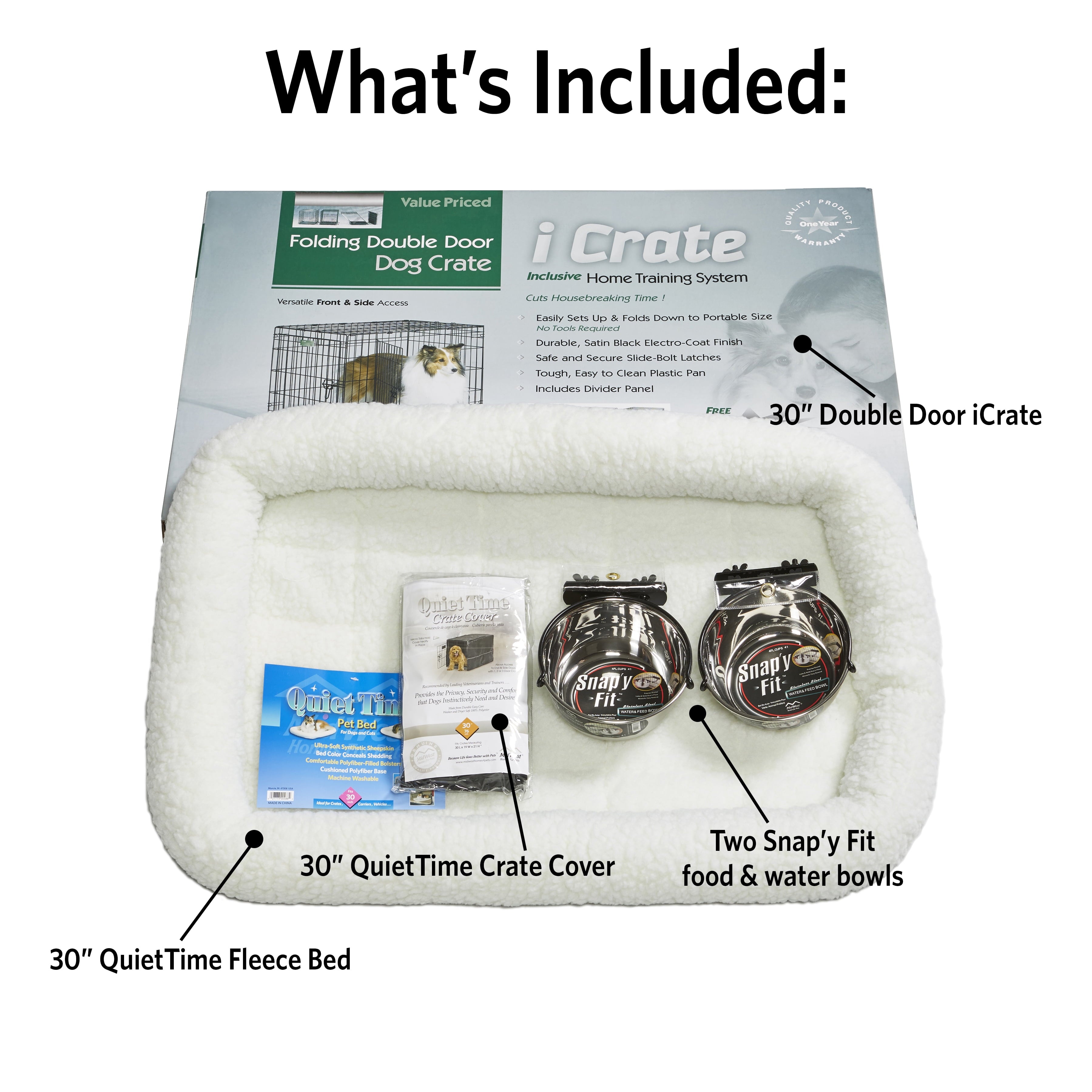 Medium Dog Crate Starter Kit with Double Door Icrate, Pet Bed, Cover & Bowls