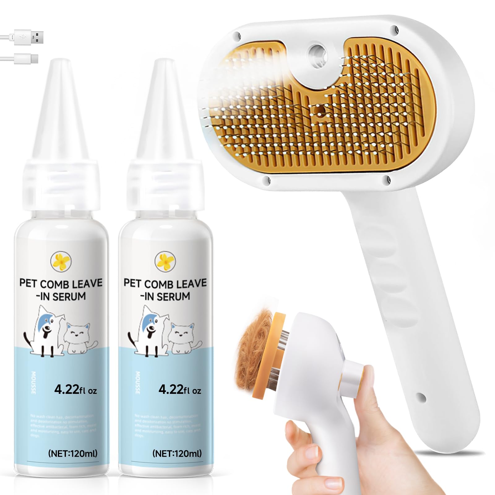 Pet Steam Brush for Dog & Cat–3-in-1 Spray Hair Removal Comb–Steam Brush for Shedding & Grooming–Water Brushes for Long & Short Haired Pets–Spritz Defur Comb–Includes Waterless Shampoo & Eye Wipes