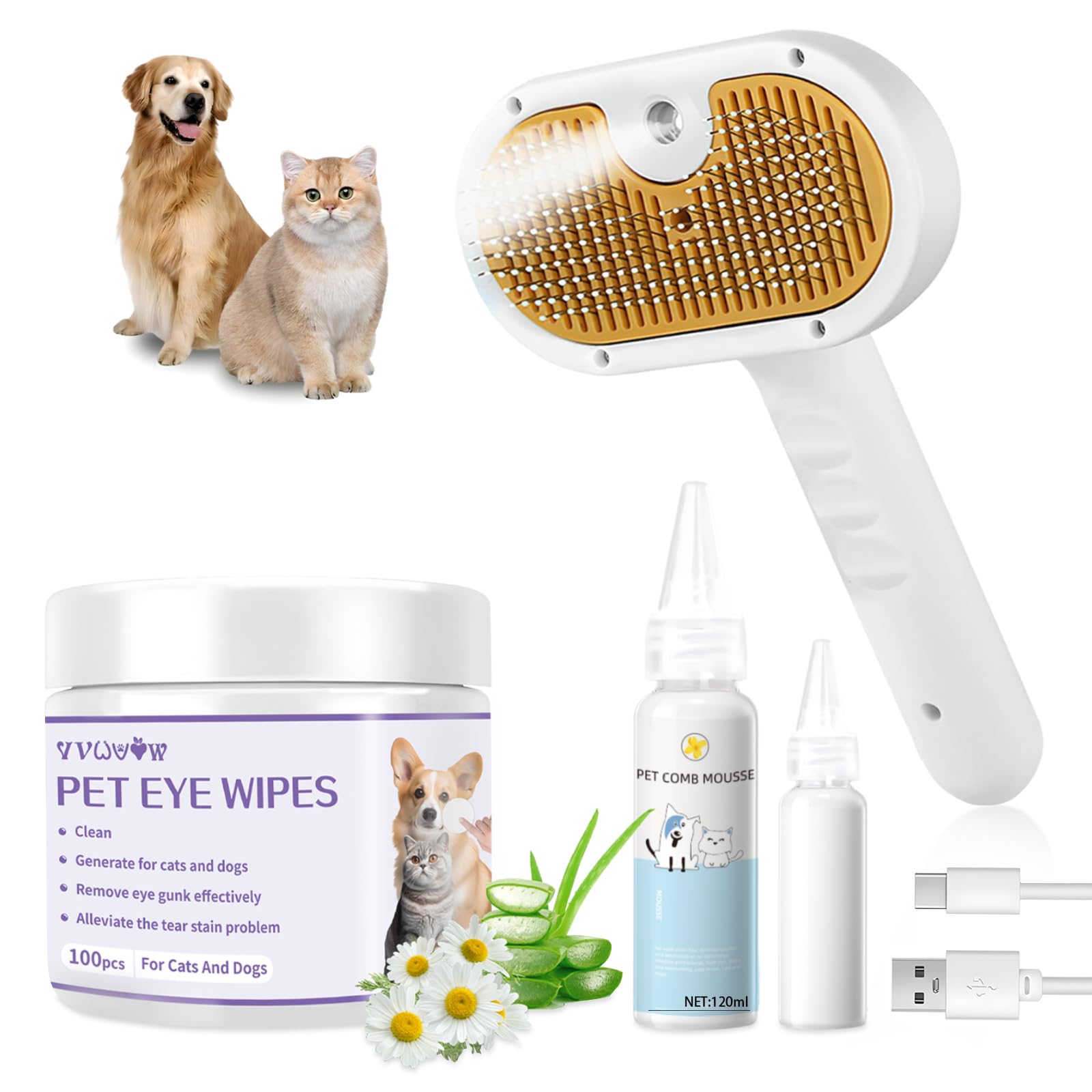 Pet Steam Brush for Dog & Cat–3-in-1 Spray Hair Removal Comb–Steam Brush for Shedding & Grooming–Water Brushes for Long & Short Haired Pets–Spritz Defur Comb–Includes Waterless Shampoo & Eye Wipes