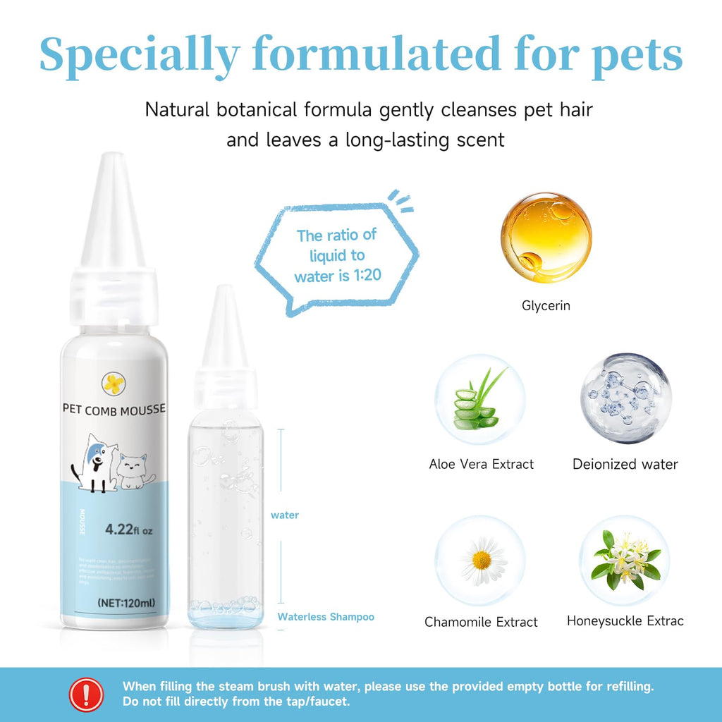 Pet Steam Brush for Dog & Cat–3-in-1 Spray Hair Removal Comb–Steam Brush for Shedding & Grooming–Water Brushes for Long & Short Haired Pets–Spritz Defur Comb–Includes Waterless Shampoo & Eye Wipes