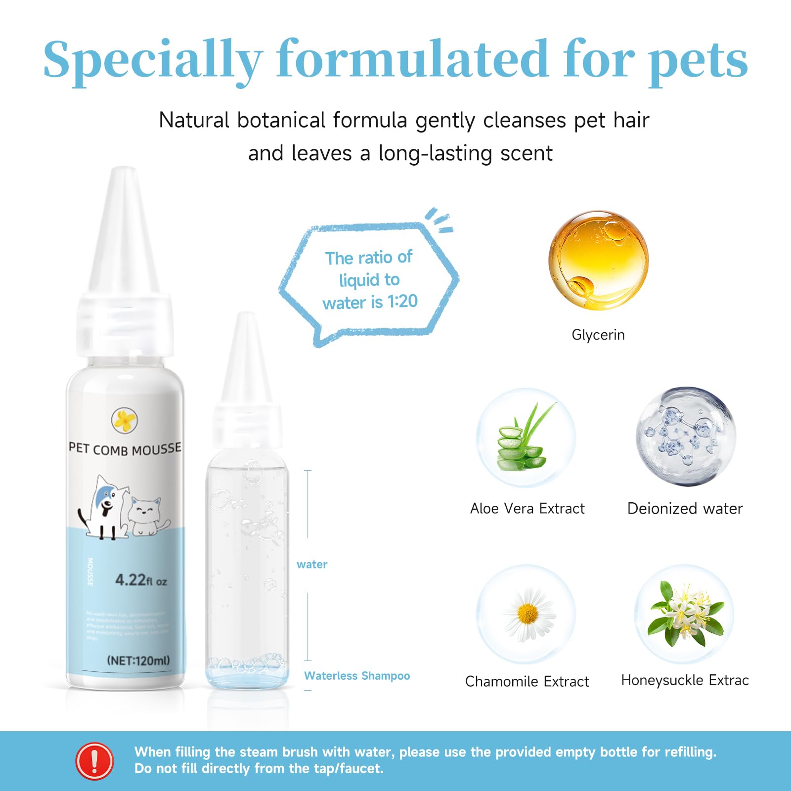 Pet Steam Brush for Dog & Cat–3-in-1 Spray Hair Removal Comb–Steam Brush for Shedding & Grooming–Water Brushes for Long & Short Haired Pets–Spritz Defur Comb–Includes Waterless Shampoo & Eye Wipes