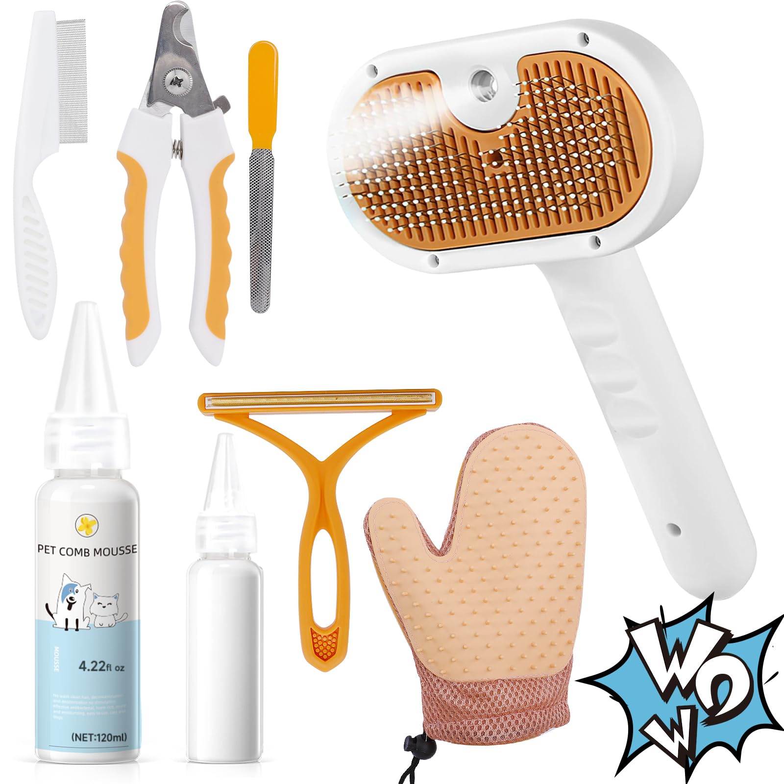 Pet Steam Brush for Dog & Cat–3-in-1 Spray Hair Removal Comb–Steam Brush for Shedding & Grooming–Water Brushes for Long & Short Haired Pets–Spritz Defur Comb–Includes Waterless Shampoo & Eye Wipes