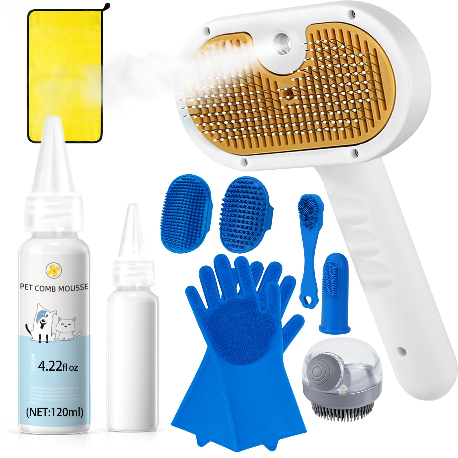 Pet Steam Brush for Dog & Cat–3-in-1 Spray Hair Removal Comb–Steam Brush for Shedding & Grooming–Water Brushes for Long & Short Haired Pets–Spritz Defur Comb–Includes Waterless Shampoo & Eye Wipes