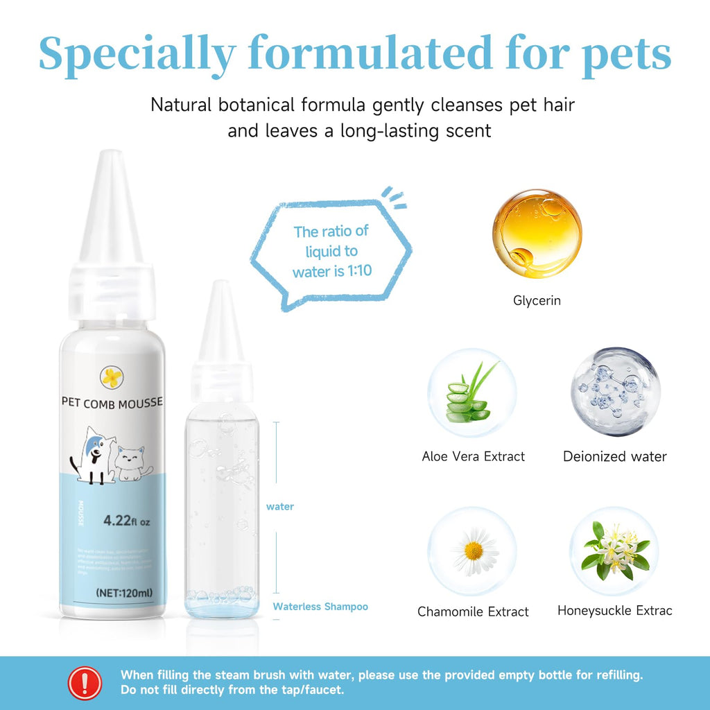 Pet Steam Brush for Dog & Cat–3-in-1 Spray Hair Removal Comb–Steam Brush for Shedding & Grooming–Water Brushes for Long & Short Haired Pets–Spritz Defur Comb–Includes Waterless Shampoo & Eye Wipes
