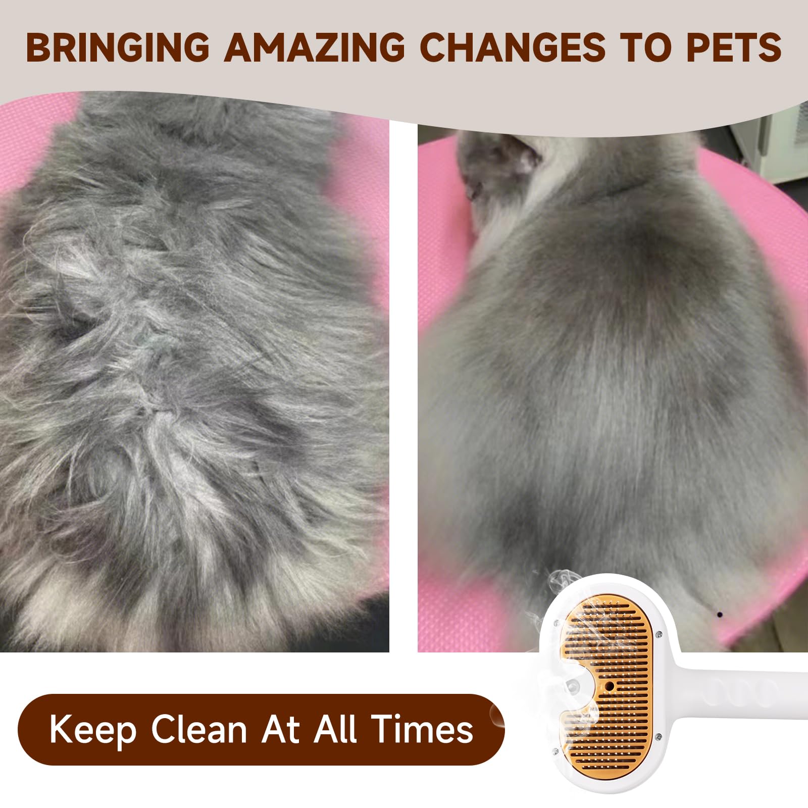 Pet Steam Brush for Dog & Cat–3-in-1 Spray Hair Removal Comb–Steam Brush for Shedding & Grooming–Water Brushes for Long & Short Haired Pets–Spritz Defur Comb–Includes Waterless Shampoo & Eye Wipes