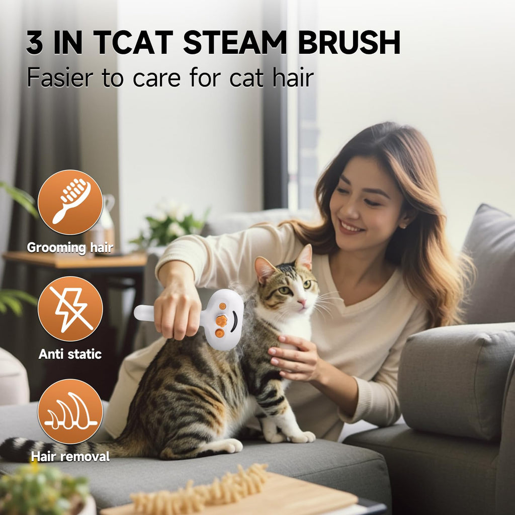 Pet Steam Brush for Dog & Cat–3-in-1 Spray Hair Removal Comb–Steam Brush for Shedding & Grooming–Water Brushes for Long & Short Haired Pets–Spritz Defur Comb–Includes Waterless Shampoo & Eye Wipes