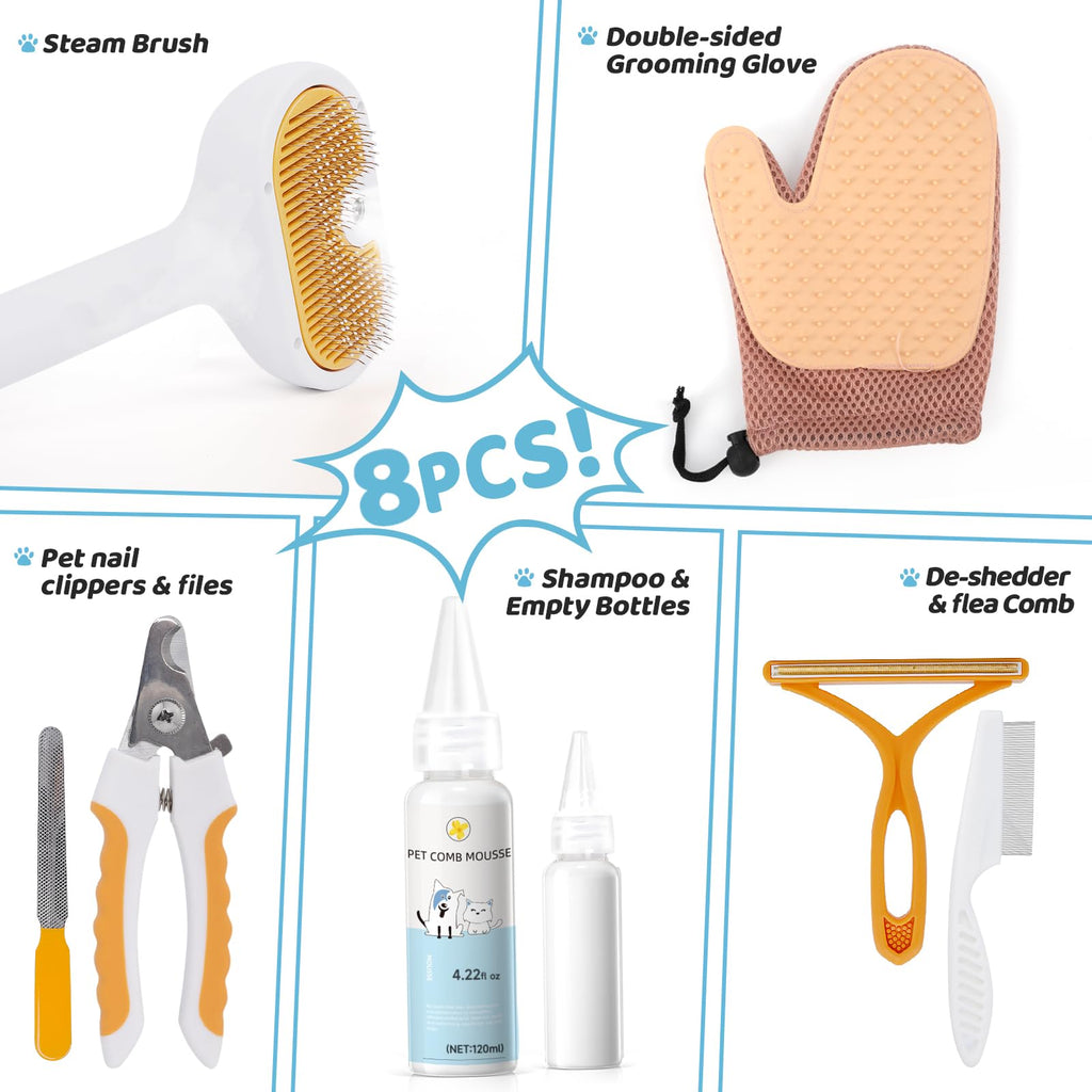 Pet Steam Brush for Dog & Cat–3-in-1 Spray Hair Removal Comb–Steam Brush for Shedding & Grooming–Water Brushes for Long & Short Haired Pets–Spritz Defur Comb–Includes Waterless Shampoo & Eye Wipes