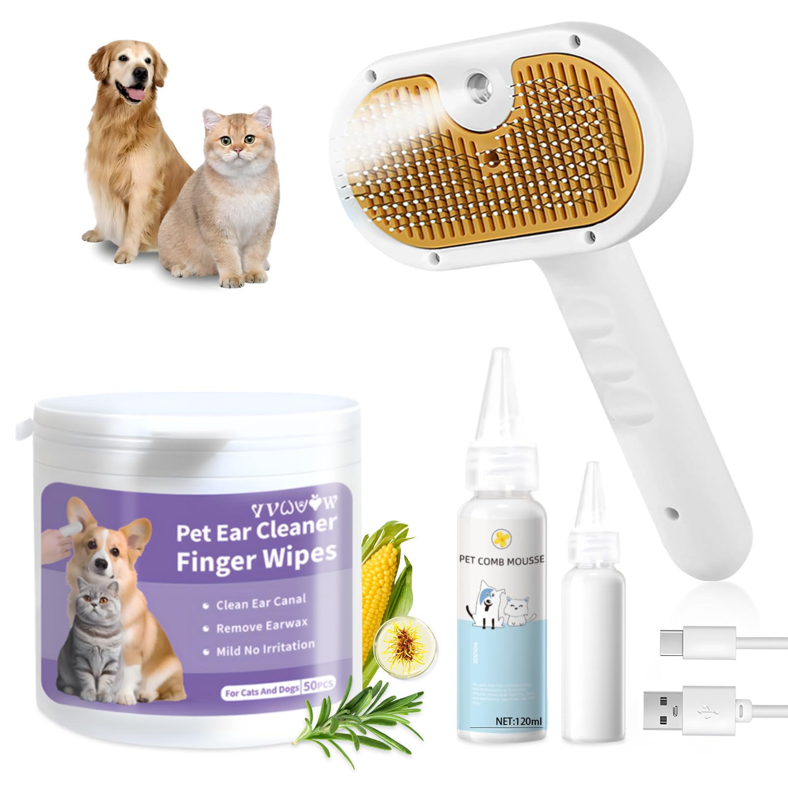 Pet Steam Brush for Dog & Cat–3-in-1 Spray Hair Removal Comb–Steam Brush for Shedding & Grooming–Water Brushes for Long & Short Haired Pets–Spritz Defur Comb–Includes Waterless Shampoo & Eye Wipes