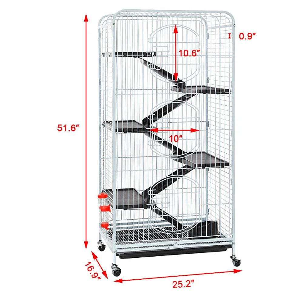 Large 6 Level Rolling Pet Cage with 3 Doors, Pet Bowl, and Water Bottle for Small Animals, White