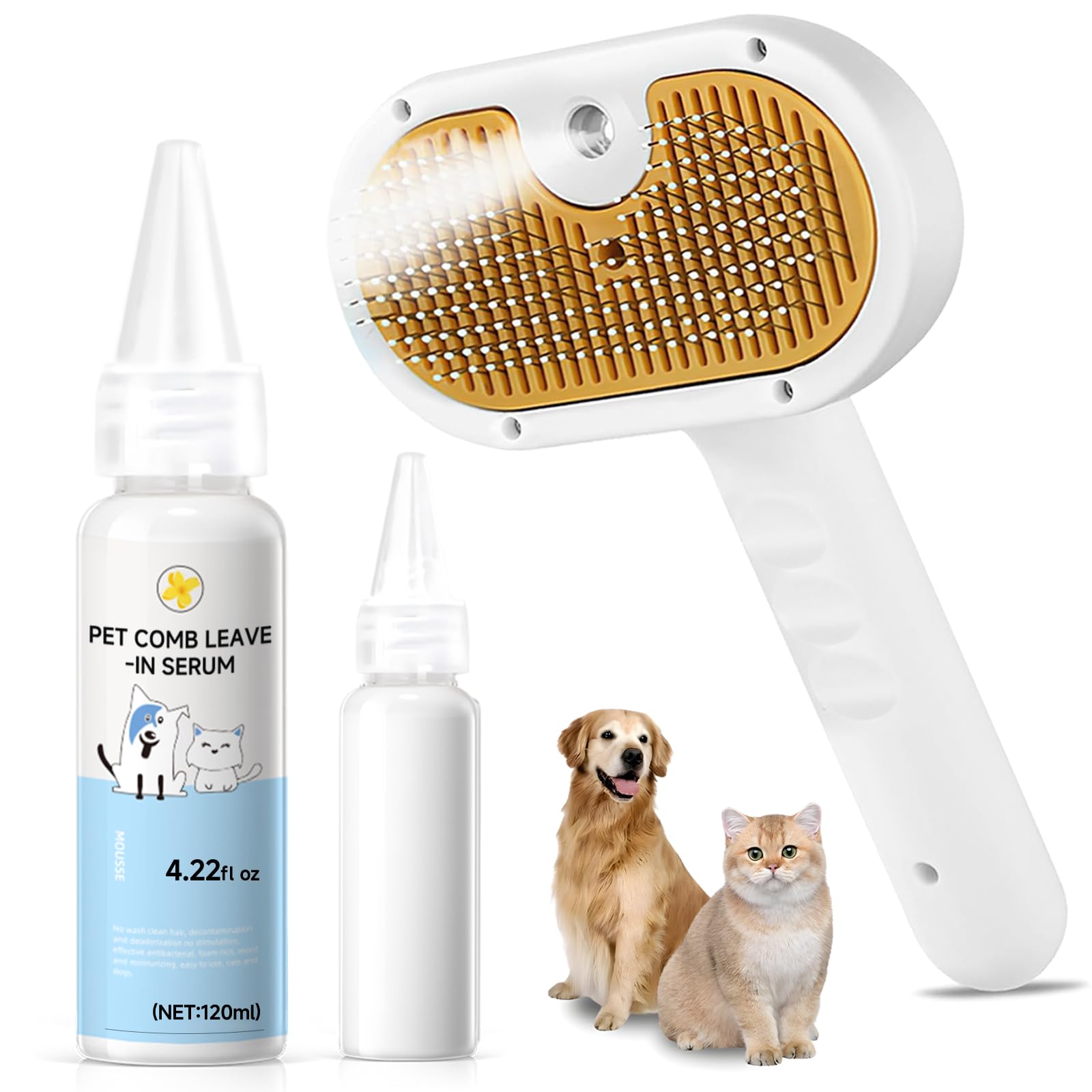 Pet Steam Brush for Dog & Cat–3-in-1 Spray Hair Removal Comb–Steam Brush for Shedding & Grooming–Water Brushes for Long & Short Haired Pets–Spritz Defur Comb–Includes Waterless Shampoo & Eye Wipes