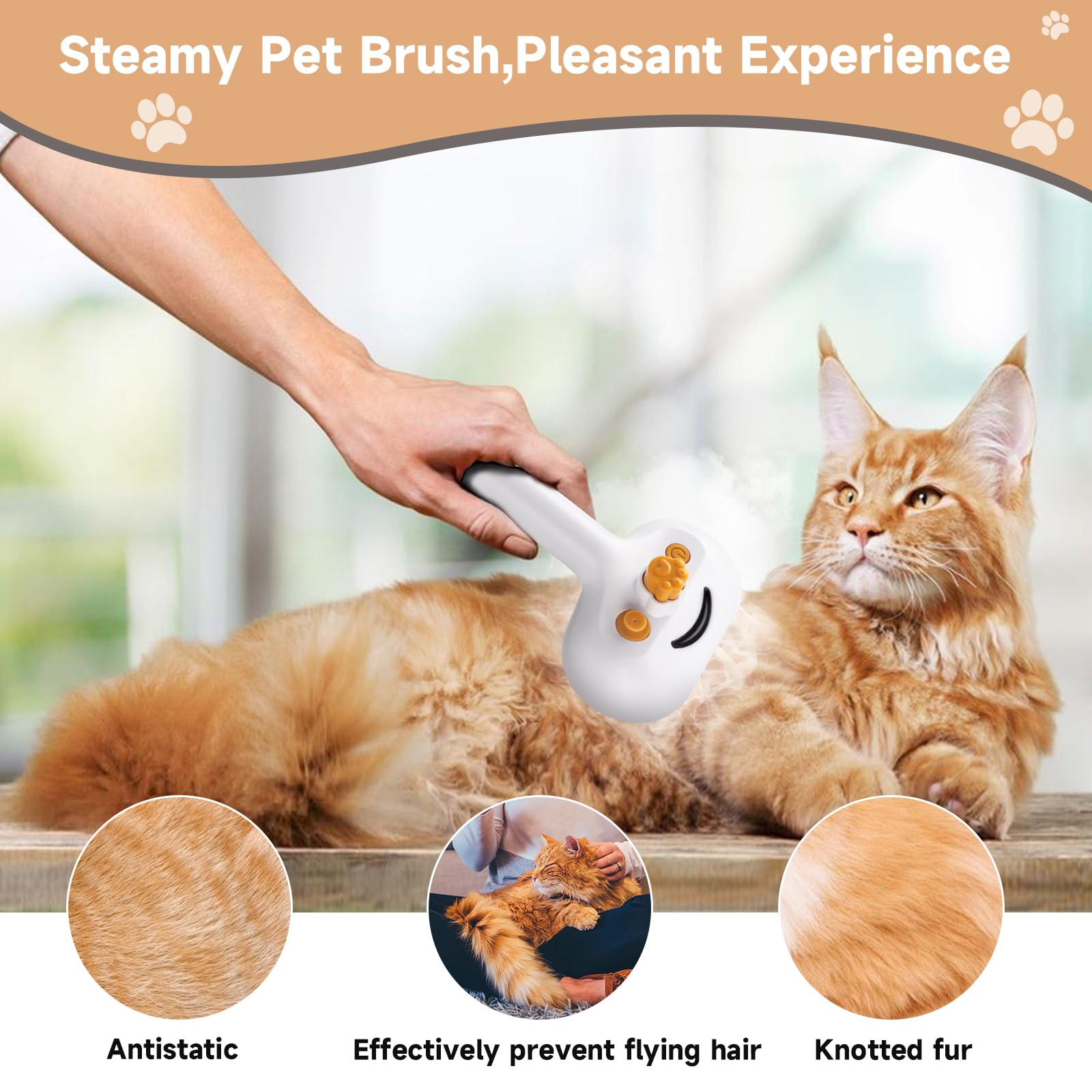 Pet Steam Brush for Dog & Cat–3-in-1 Spray Hair Removal Comb–Steam Brush for Shedding & Grooming–Water Brushes for Long & Short Haired Pets–Spritz Defur Comb–Includes Waterless Shampoo & Eye Wipes