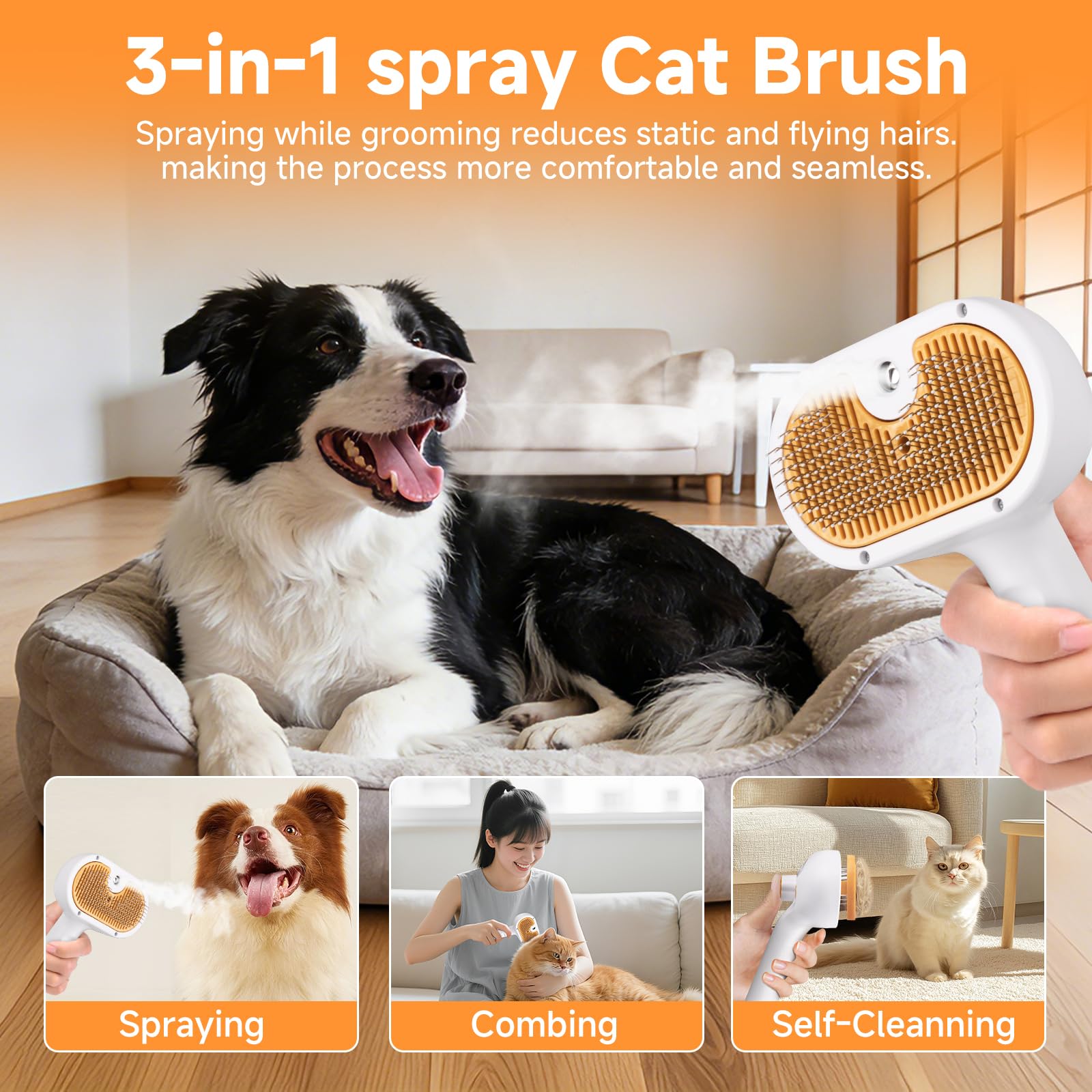 Pet Steam Brush for Dog & Cat–3-in-1 Spray Hair Removal Comb–Steam Brush for Shedding & Grooming–Water Brushes for Long & Short Haired Pets–Spritz Defur Comb–Includes Waterless Shampoo & Eye Wipes