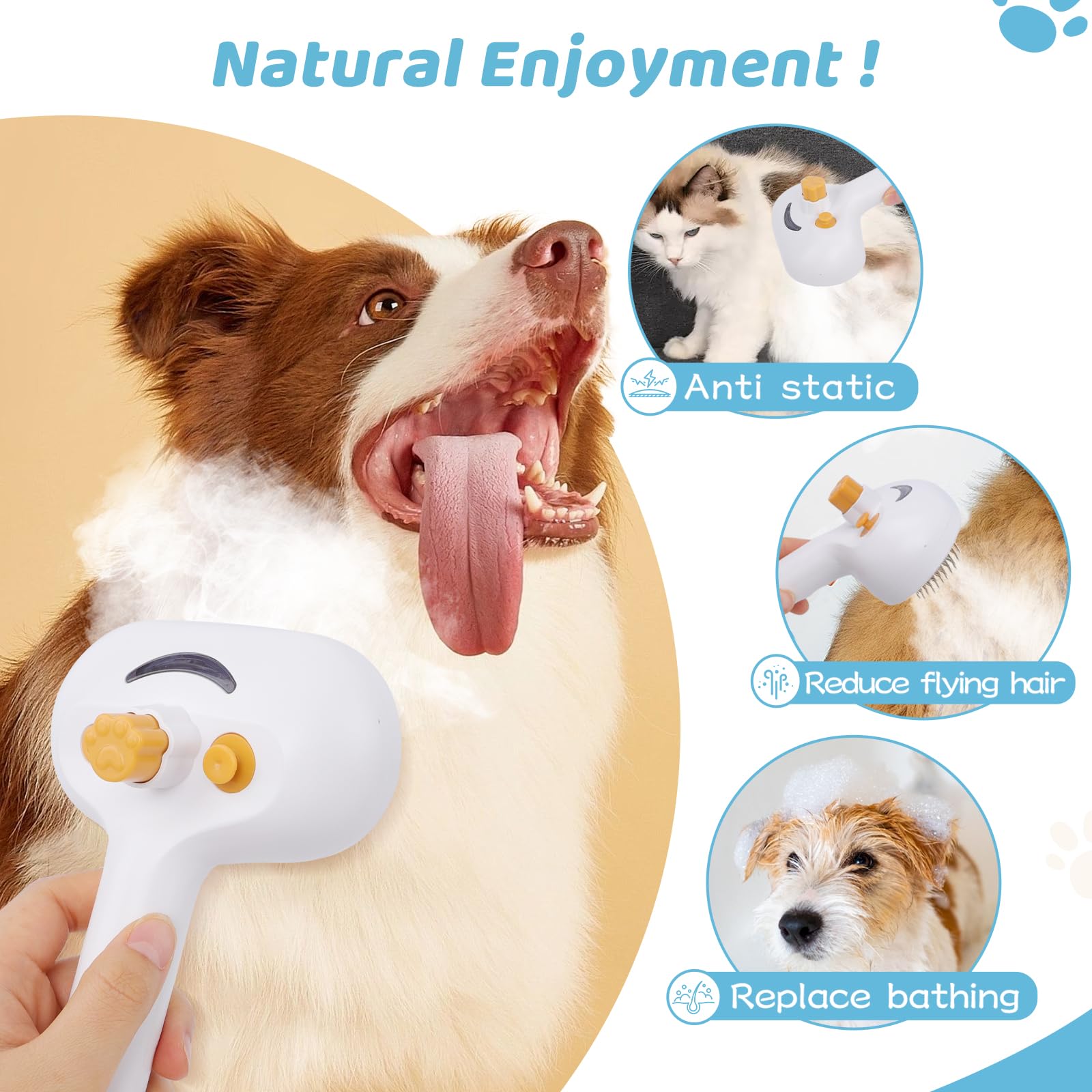 Pet Steam Brush for Dog & Cat–3-in-1 Spray Hair Removal Comb–Steam Brush for Shedding & Grooming–Water Brushes for Long & Short Haired Pets–Spritz Defur Comb–Includes Waterless Shampoo & Eye Wipes