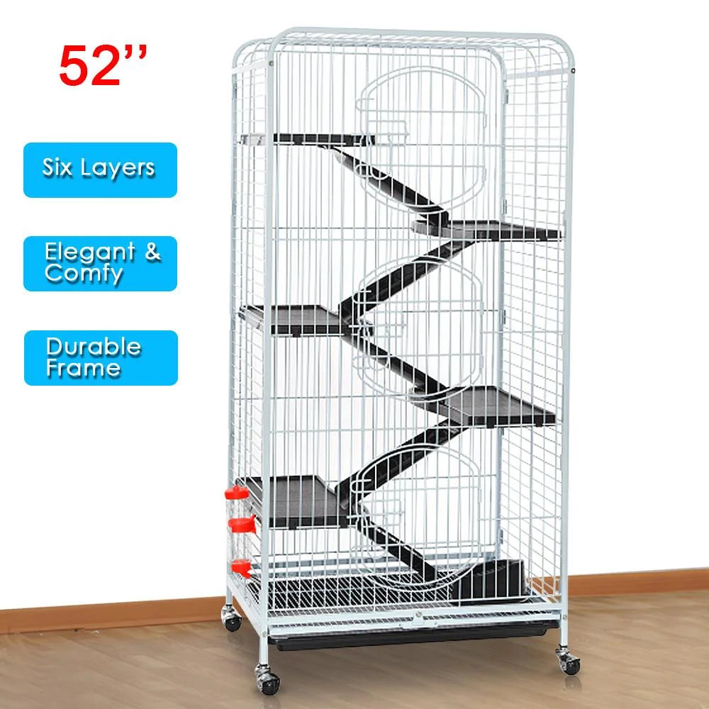 Large 6 Level Rolling Pet Cage with 3 Doors, Pet Bowl, and Water Bottle for Small Animals, White