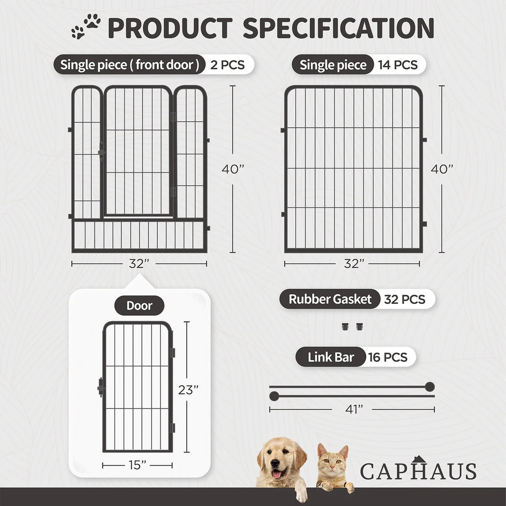 24/32/40 Inch Height Bold Metal Foldable Heavy-Duty Pet Playpen with Door, Available in 8/16/24/32 Panels, Indoor/Outdoor Portable Kennel, Dog/Animals Exercise Fence Cage for Yard, RV, Camping