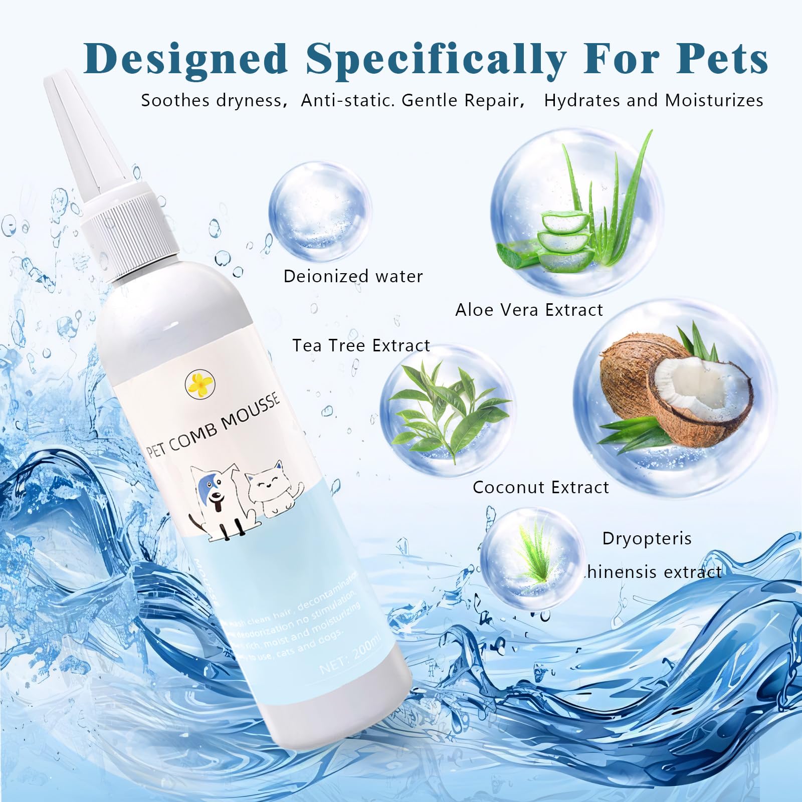 Pet Steam Brush for Dog & Cat–3-in-1 Spray Hair Removal Comb–Steam Brush for Shedding & Grooming–Water Brushes for Long & Short Haired Pets–Spritz Defur Comb–Includes Waterless Shampoo & Eye Wipes