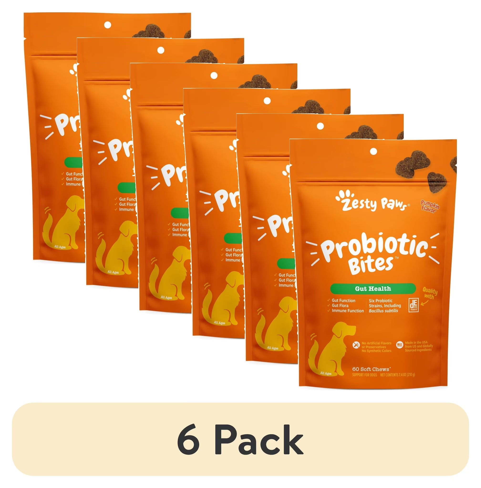 (6 Pack)  Probiotic Bites for Dogs, Pumpkin Flavor, 60 Count
