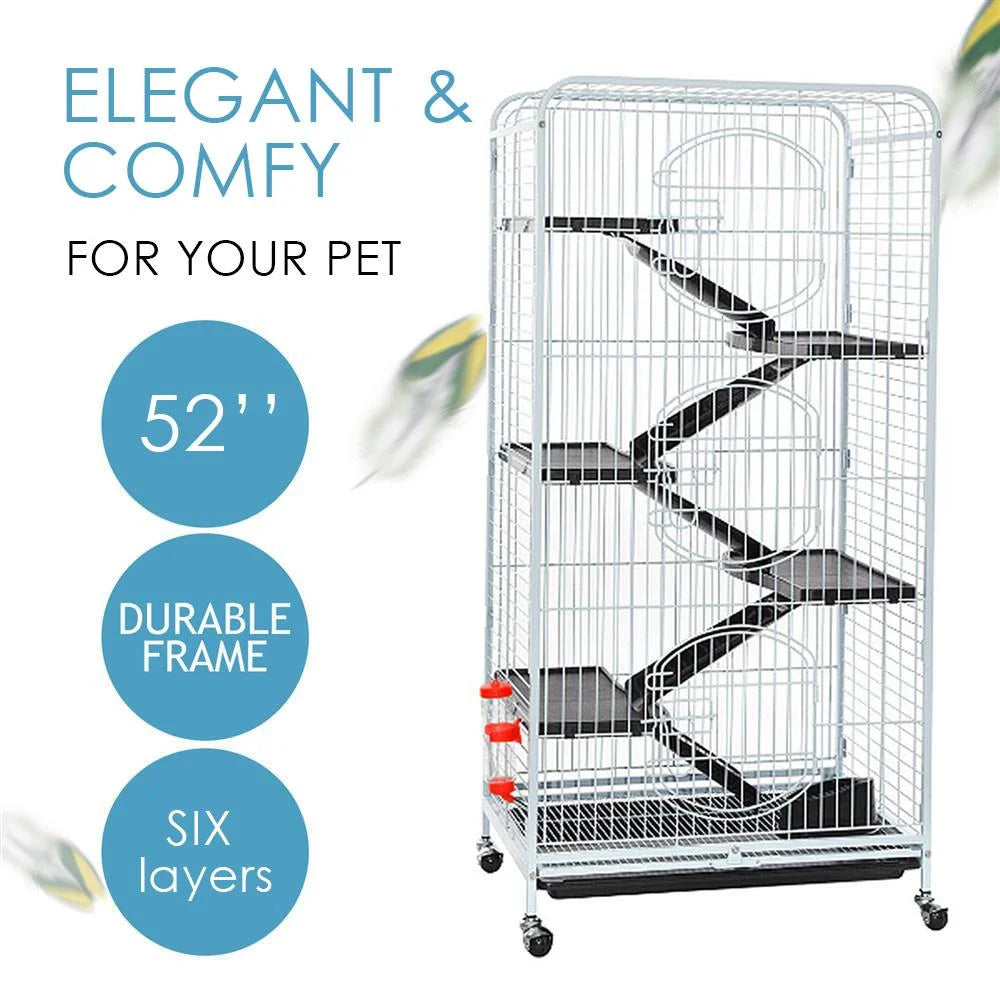 Large 6 Level Rolling Pet Cage with 3 Doors, Pet Bowl, and Water Bottle for Small Animals, White