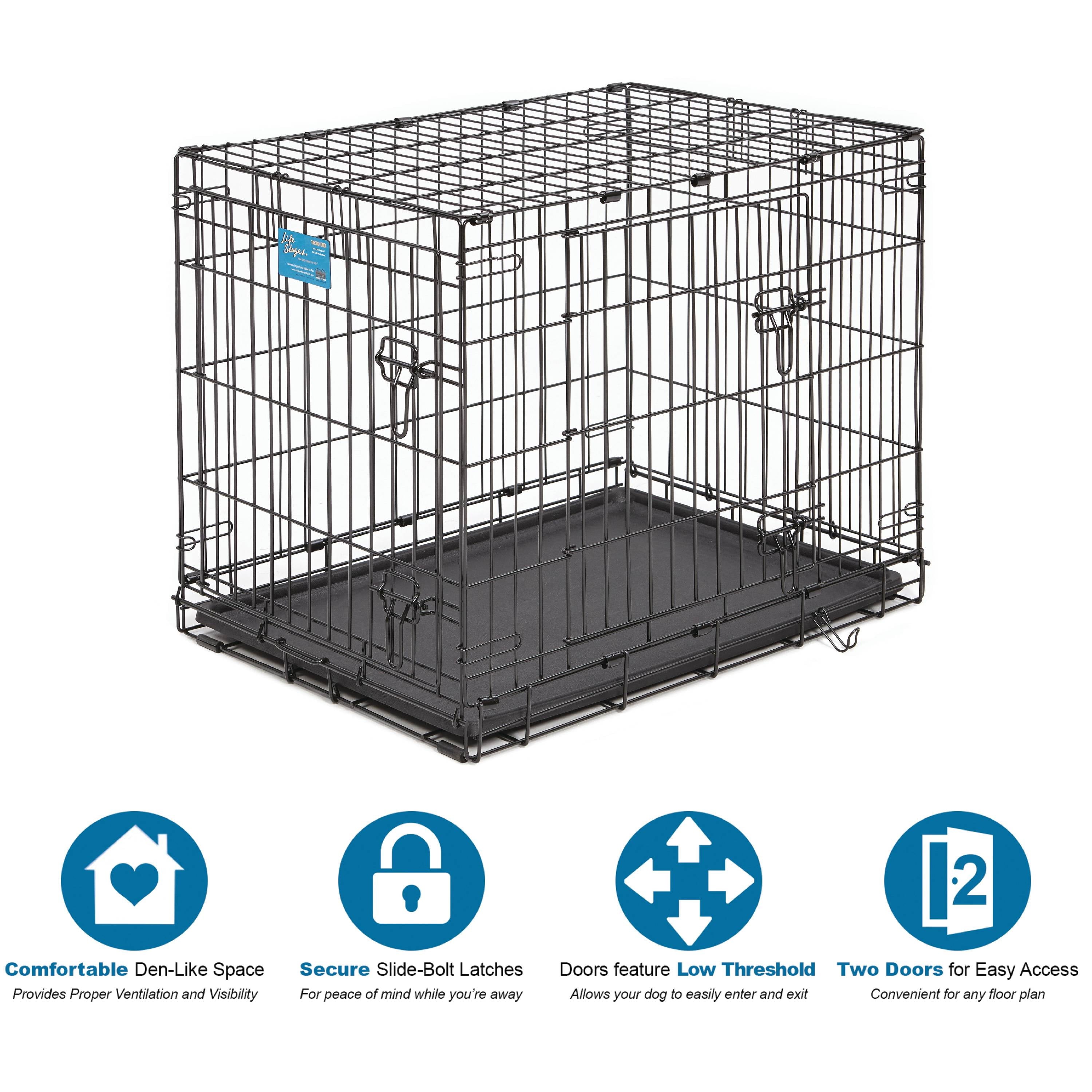 Medium Dog Crate Newly Enhanced Lifestages 30' Double Door Folding Metal Dog Crate with Divider Panel, Floor Protecting Feet & Dog Pan, 1630DD, 30.6L X 19.3W X 21.4H Inches