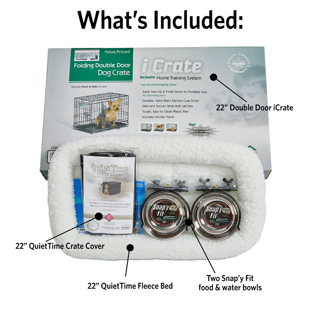 Dog Crate Starter Kit with 22-Inch Double Door Crate, Bed, Cover, and Bowls