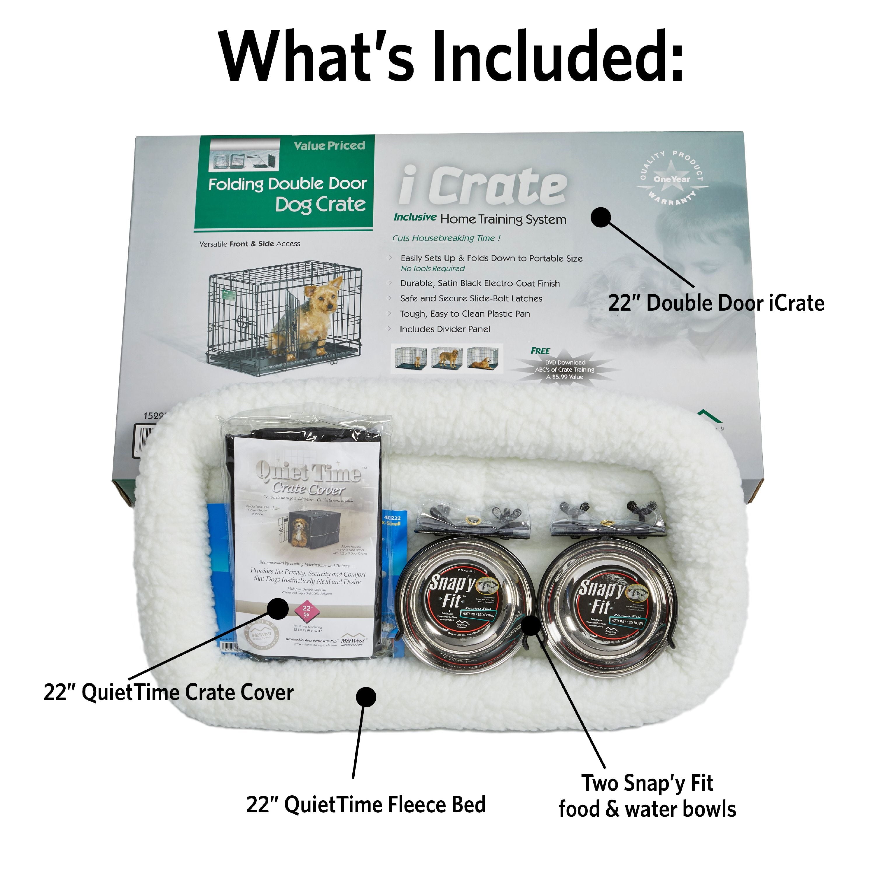 Dog Crate Starter Kit with 22-Inch Double Door Crate, Bed, Cover, and Bowls