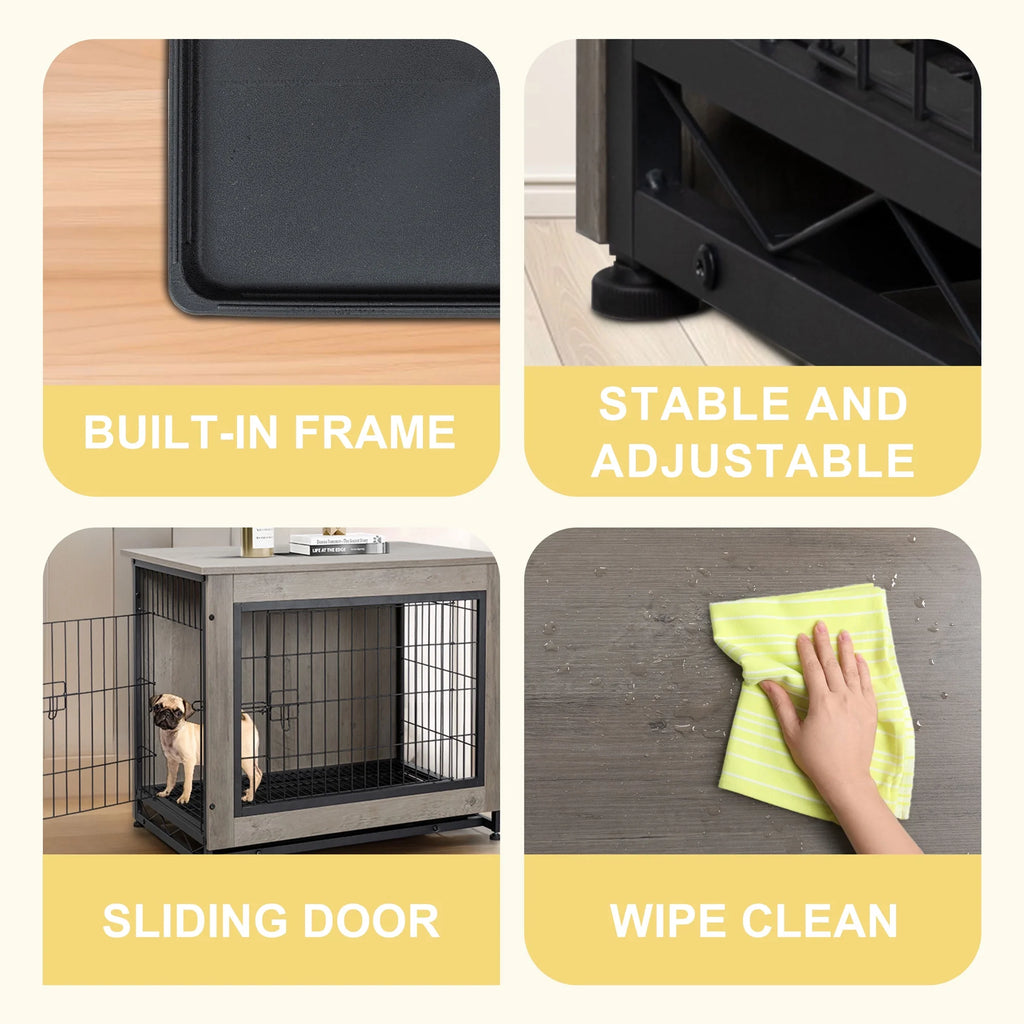 Wooden Dog Crate Furniture,Double-Doors Kennel Indoor with Divider and Removable Tray,End Table Dog Crate for Decoration 27.2"L X 20.1"W X 23.6"H，Grey