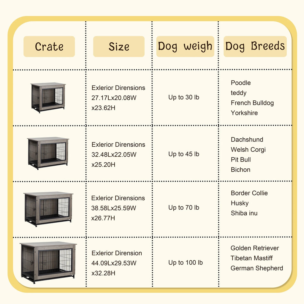 Wooden Dog Crate Furniture,Double-Doors Kennel Indoor with Divider and Removable Tray,End Table Dog Crate for Decoration 27.2"L X 20.1"W X 23.6"H，Grey