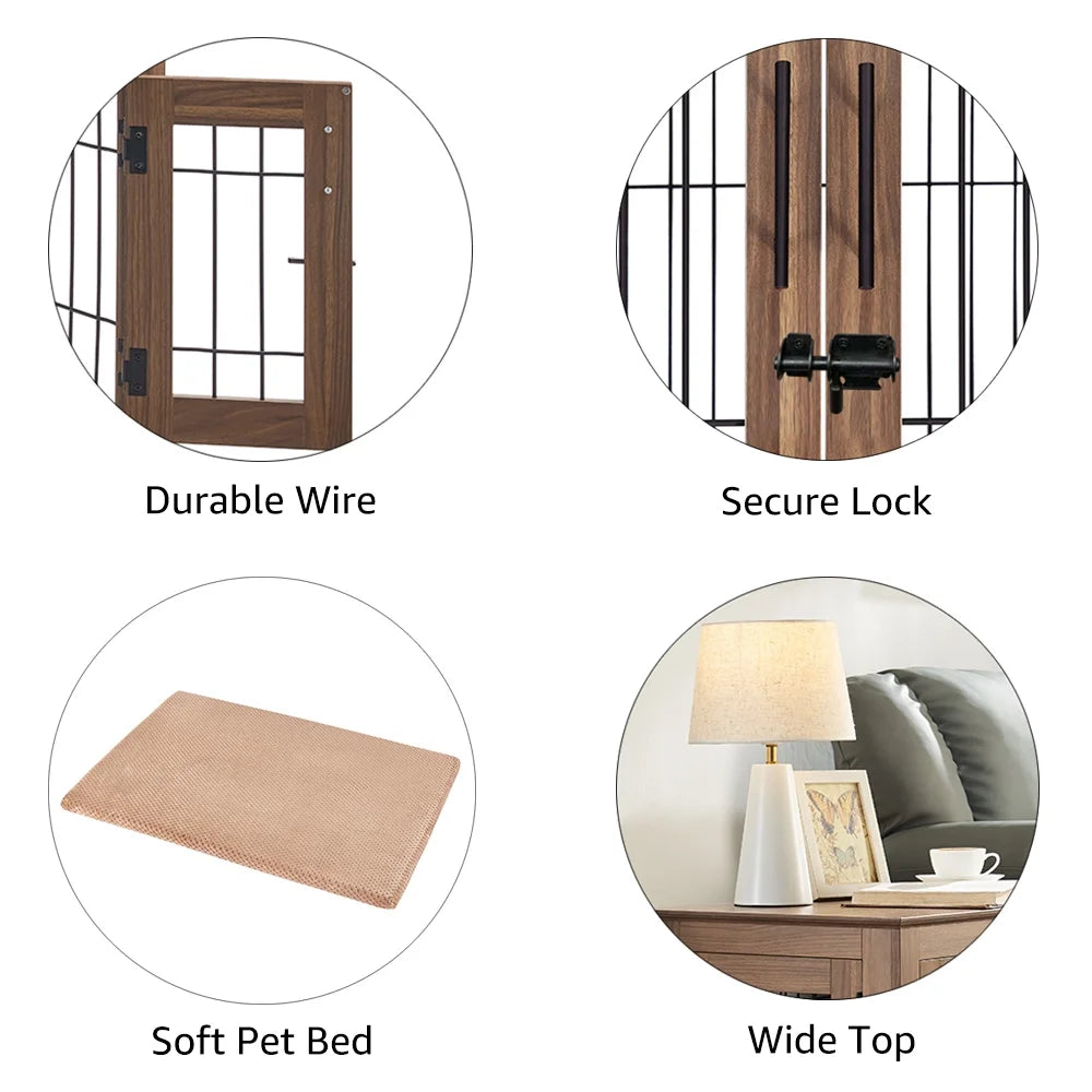 Dog Crate Furniture, Double Doors Wooden Wire Dog Kennel with Pet Bed, Small Dog Crate