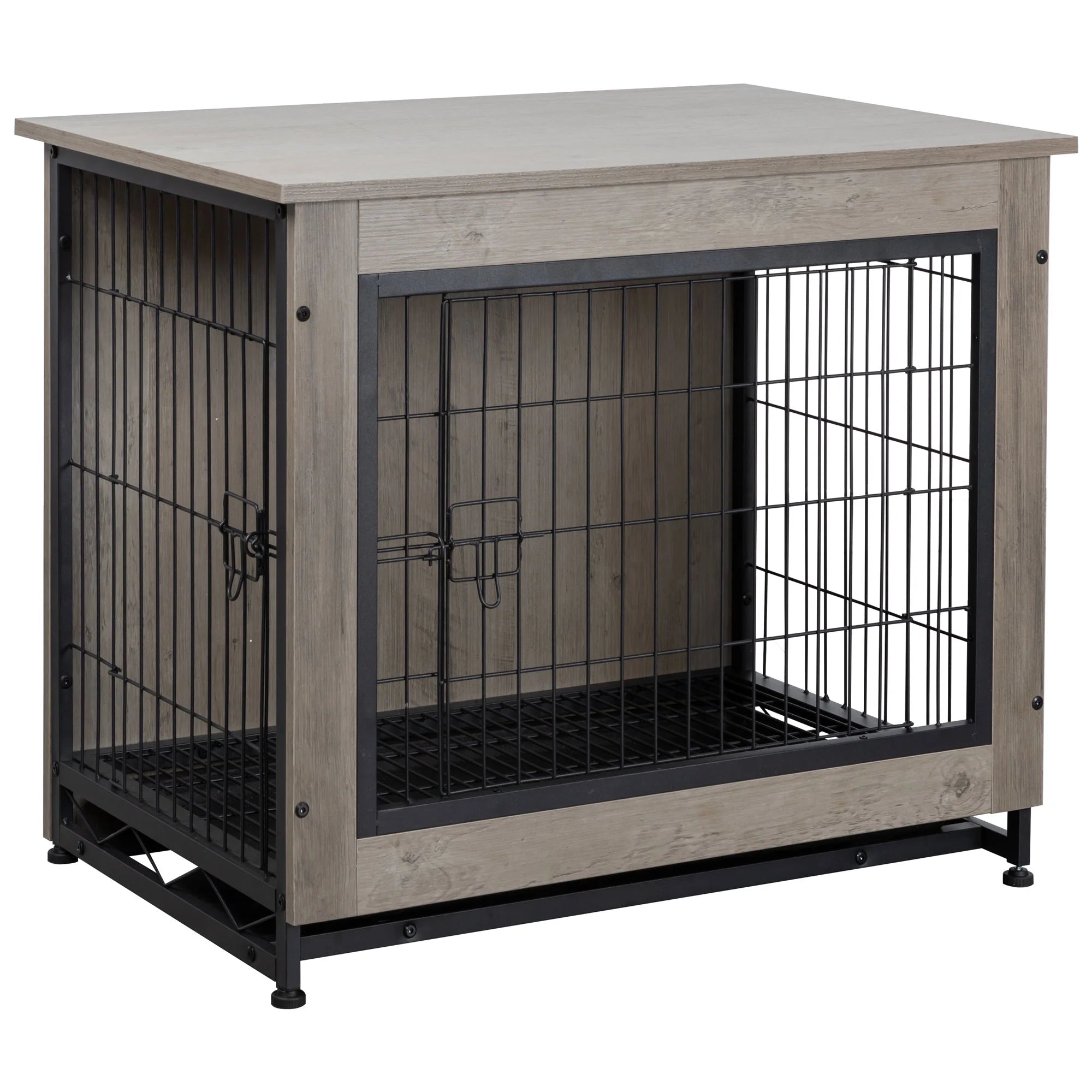 Wooden Dog Crate Furniture,Double-Doors Kennel Indoor with Divider and Removable Tray,End Table Dog Crate for Decoration 27.2"L X 20.1"W X 23.6"H，Grey