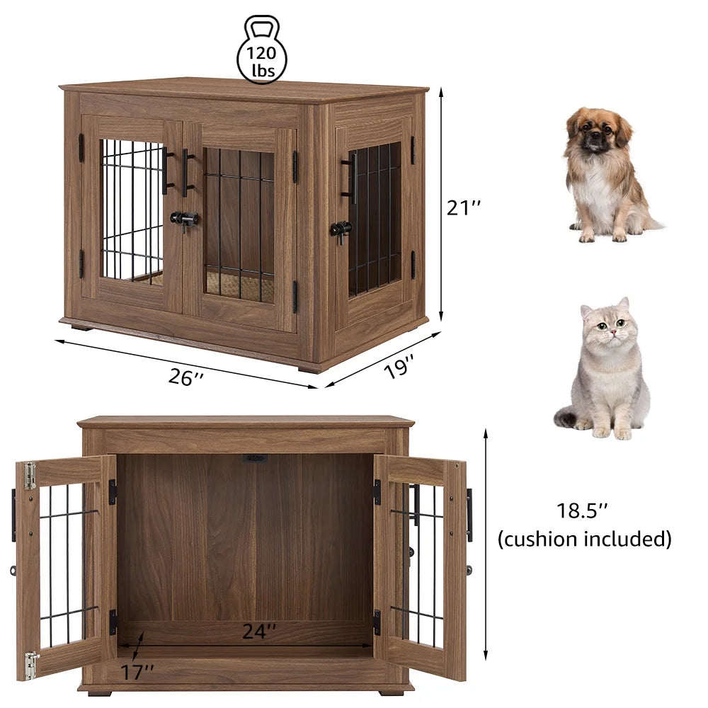 Dog Crate Furniture, Double Doors Wooden Wire Dog Kennel with Pet Bed, Small Dog Crate