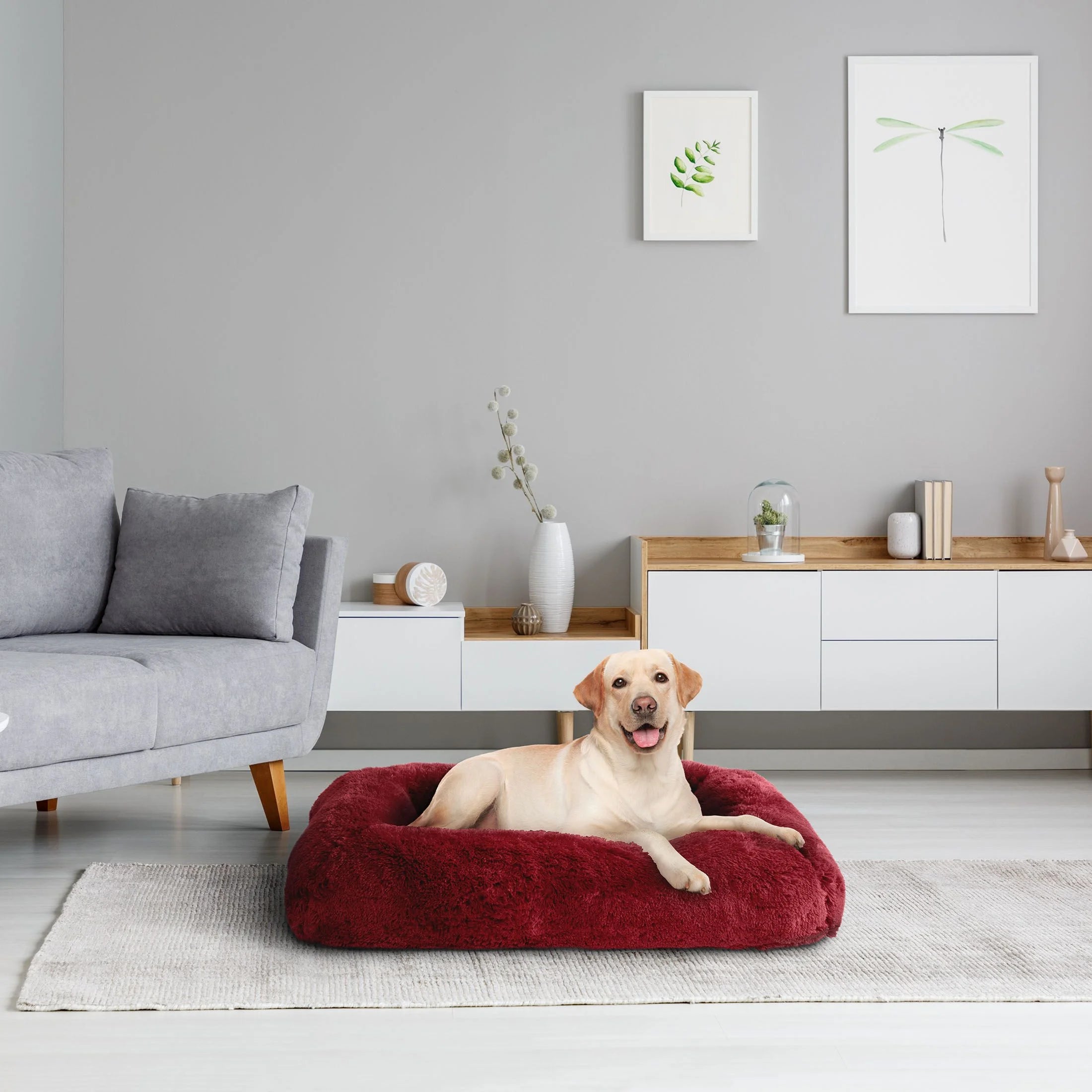 Furry Bolster Large Pet Bed, Red, 36" X 27"