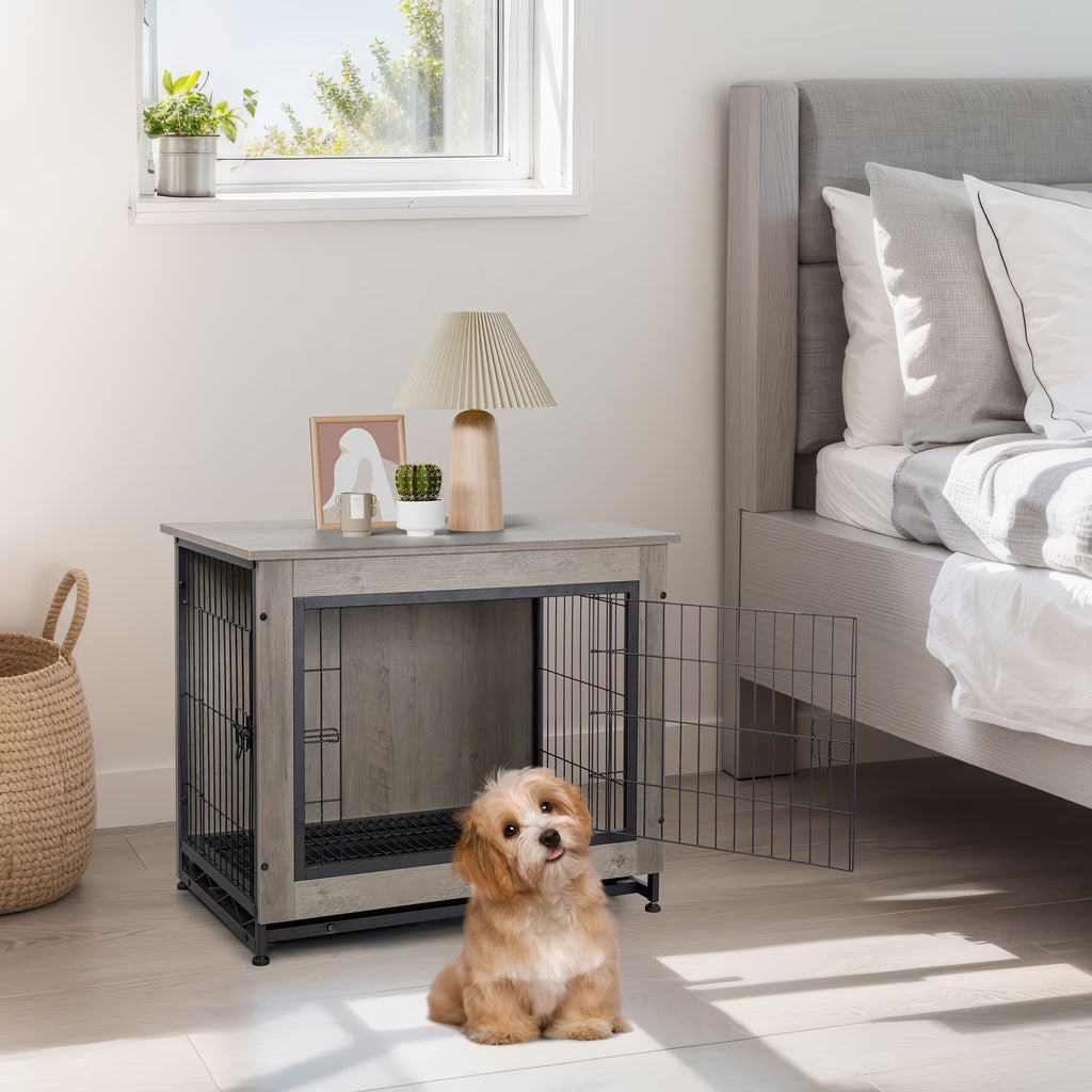 Wooden Dog Crate Furniture,Double-Doors Kennel Indoor with Divider and Removable Tray,End Table Dog Crate for Decoration 27.2"L X 20.1"W X 23.6"H，Grey