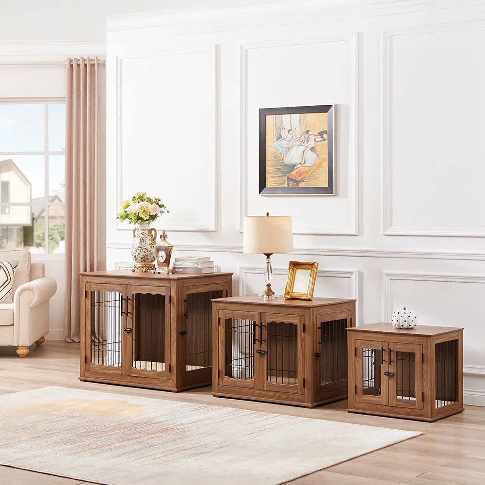 Dog Crate Furniture, Double Doors Wooden Wire Dog Kennel with Pet Bed, Small Dog Crate